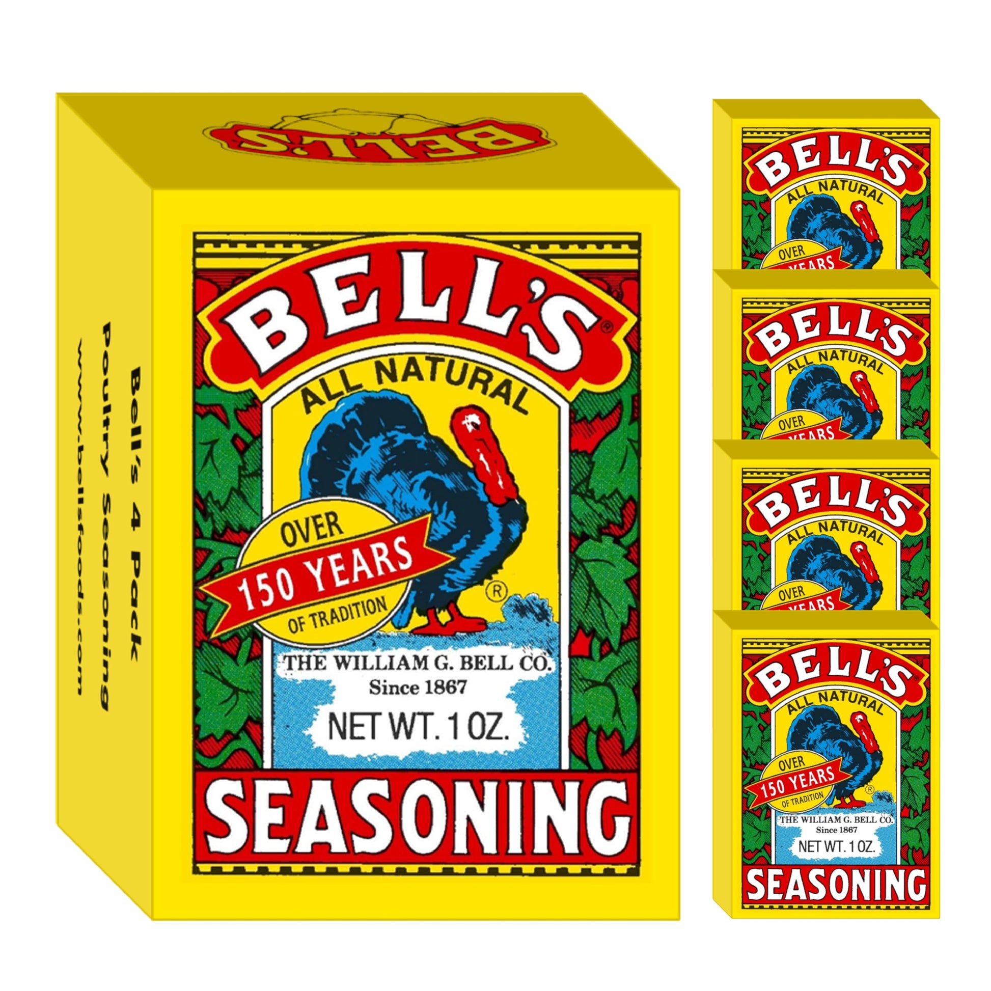 Bells All Natural Seasoning - 1 oz Box - Classic Salt-Free Poultry Blend - Gluten-Free  Kosher  Non-GMO (Pack of 4)