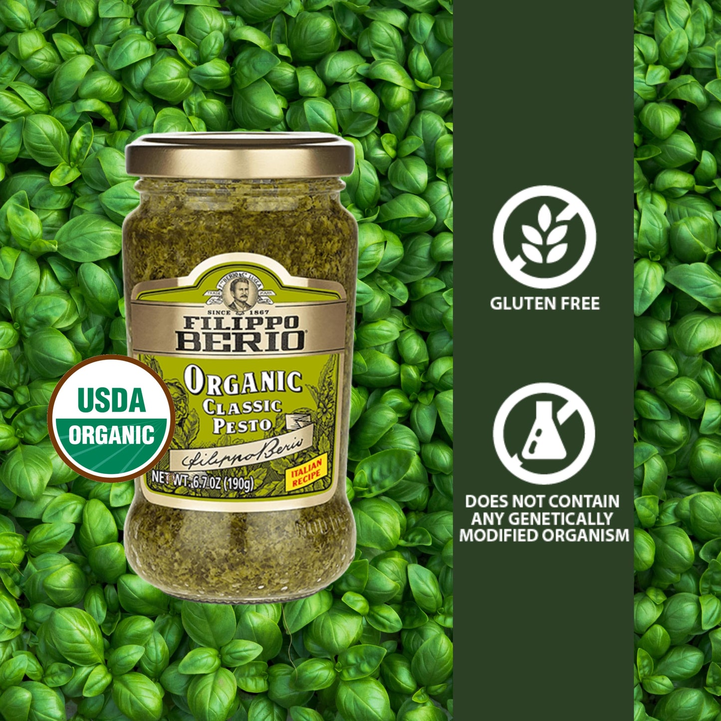 Filippo Berio Pesto, Organic Classic Basil, 6.7 Ounce Glass Jar