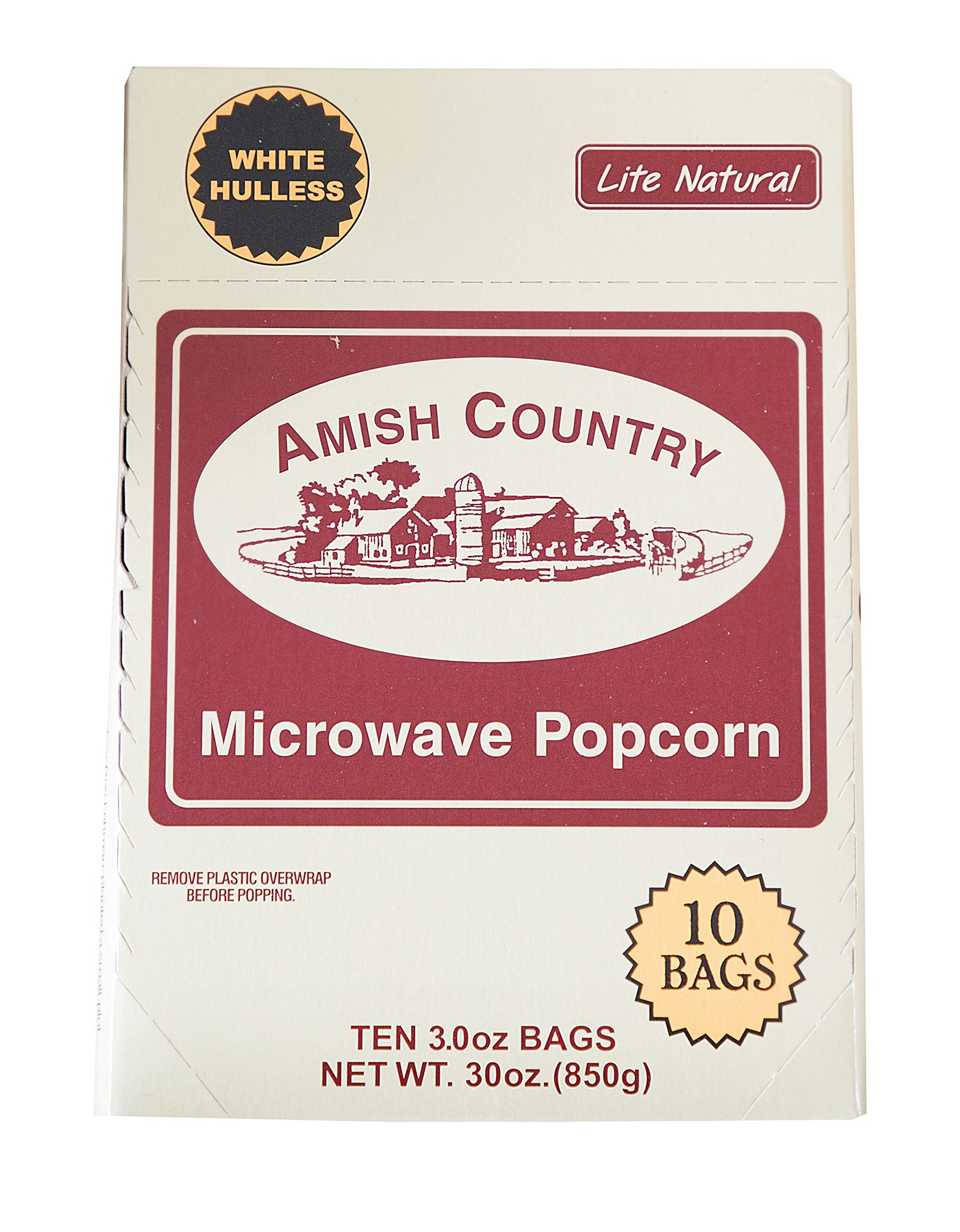 Amish Country Popcorn | Old Fashioned Microwave Popcorn | 10 Bags Lite Natural White Hulless | Non-GMO, Gluten Free, Microwaveab