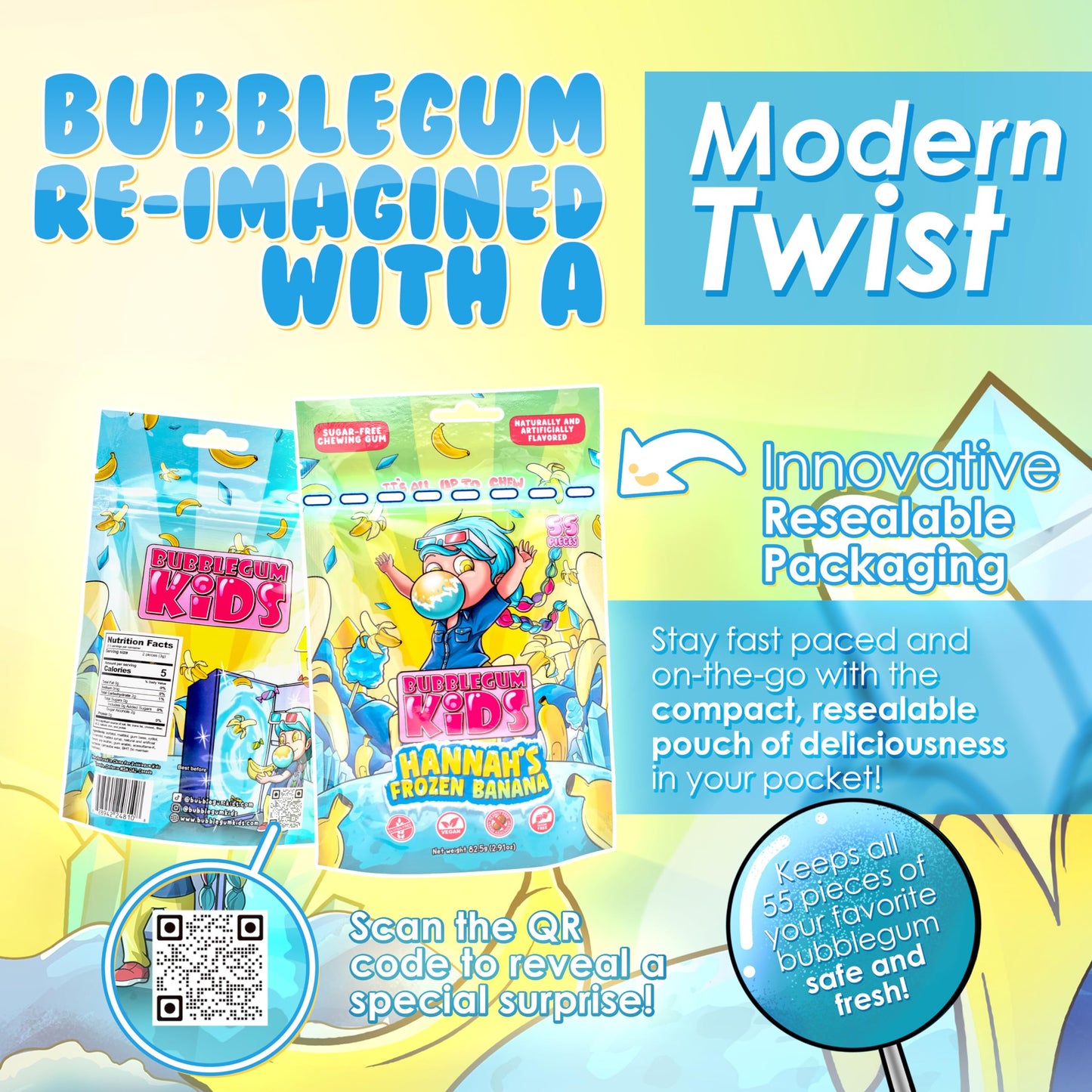 Bubblegum Kids Sugar Free Gum - Vegan Friendly - 55 Count Pack - Retro Bubble Gum for Kids and mature-themeds - Burst of Sweet Flavor