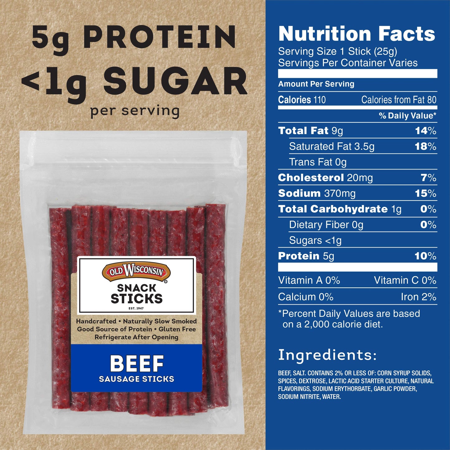 Old Wisconsin Beef Sausage Snack Sticks, Naturally Smoked, High Protein, Low Carb, Keto, 14 Ounce, Red, Model 47000