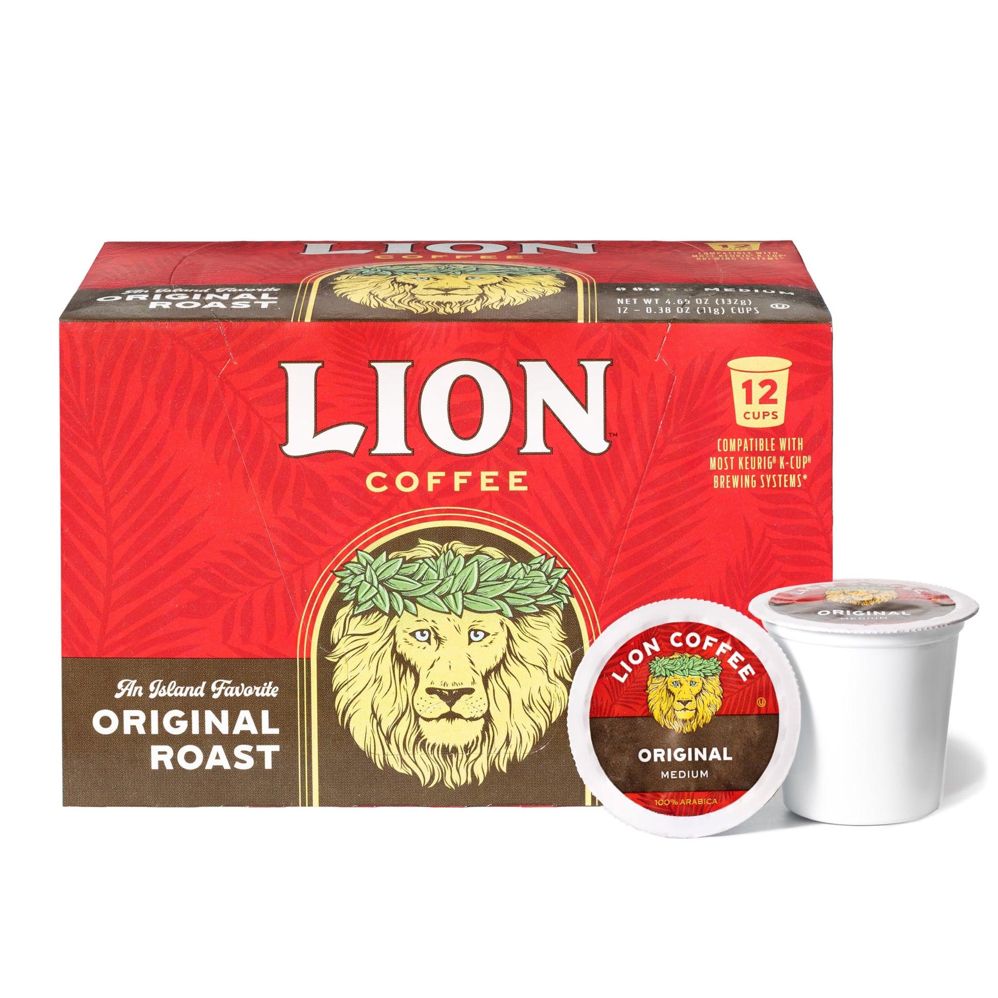 Lion Coffee Original Medium Roast Coffee Pods, Compatible with Keurig, 12 Count Box