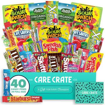 The Care Crate Co. Ultimate Candy Snack Box - 40 Count with Full Size Candies - Starburst, Skittles, Twizzlers & More!