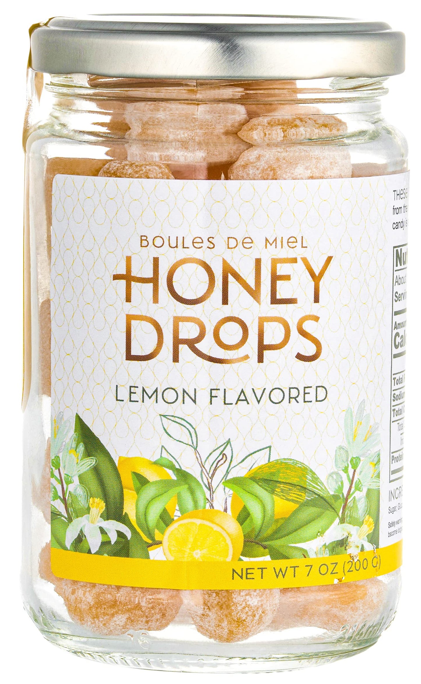 Gourmanity Honey Candy Lemon Drops, 7Oz Jar Gourmet French Candy Honey Drops Honey-Lemon Hard Candy Delicious, Soothing Natural
