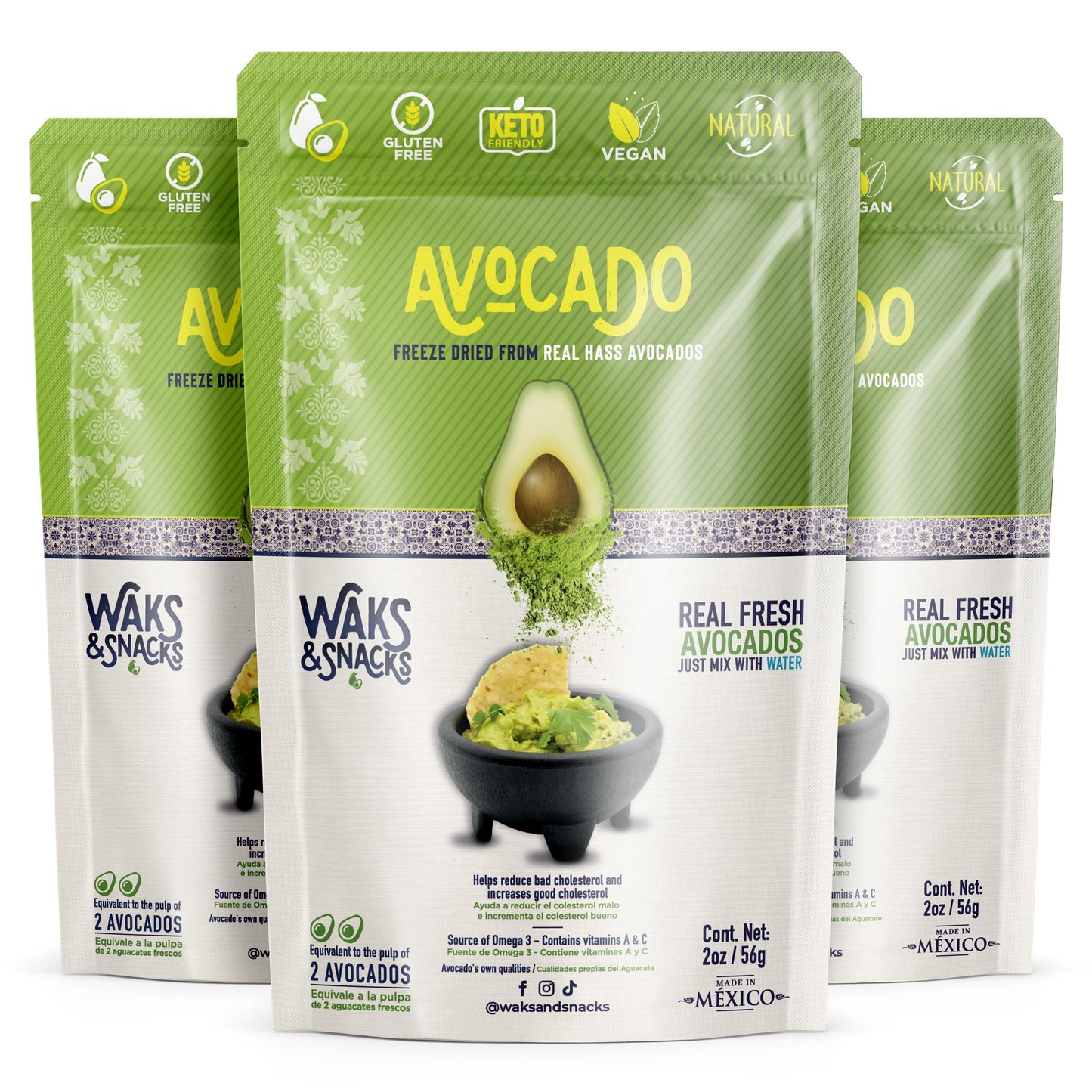 Waks & Snacks Freeze-Dried Avocado | 100% Fresh Hass Avocados, Perfect For Toast | Energizes Camping & Hiking Meals | Lightweight, Vegan, Gluten-Free | 2 Avocados | 2 Oz, 3-Pack