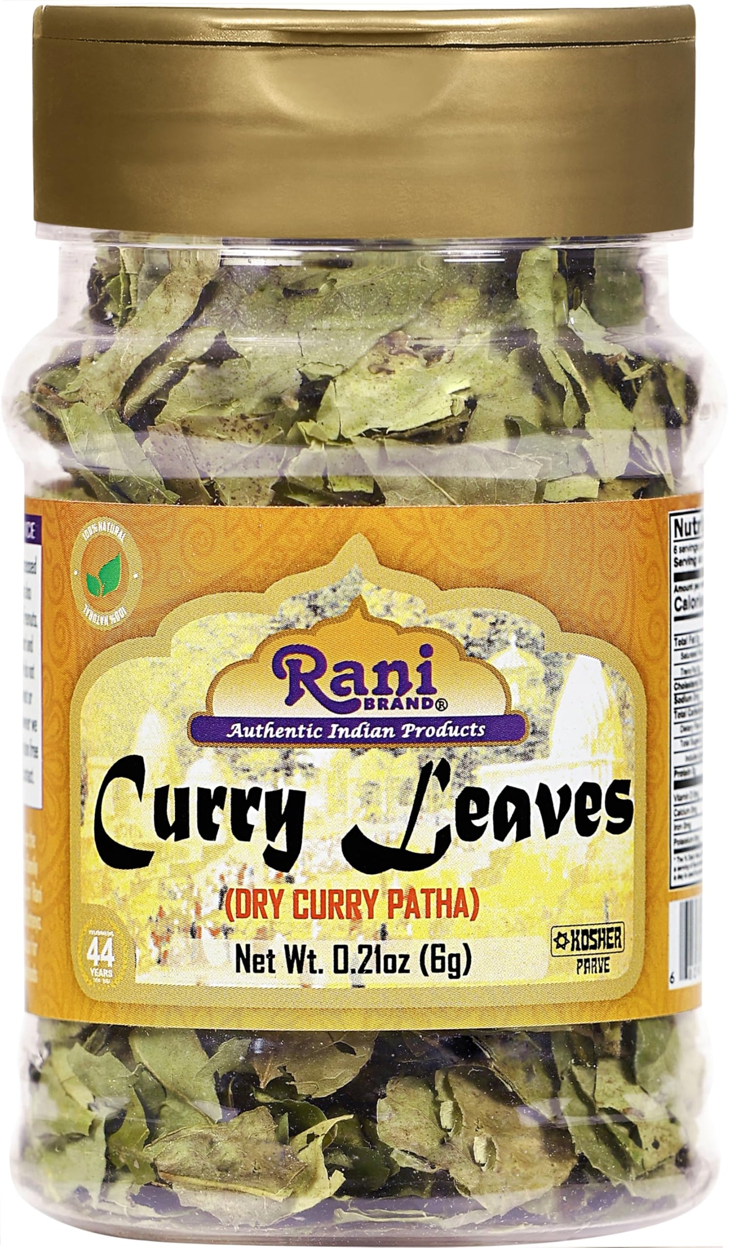 Rani Dried Curry Whole Leaves (Kari Neem Patha) Indian Spice 0.21oz (6g) PET Jar ~ Non-irradiated | All Natural | Vegan | Gluten