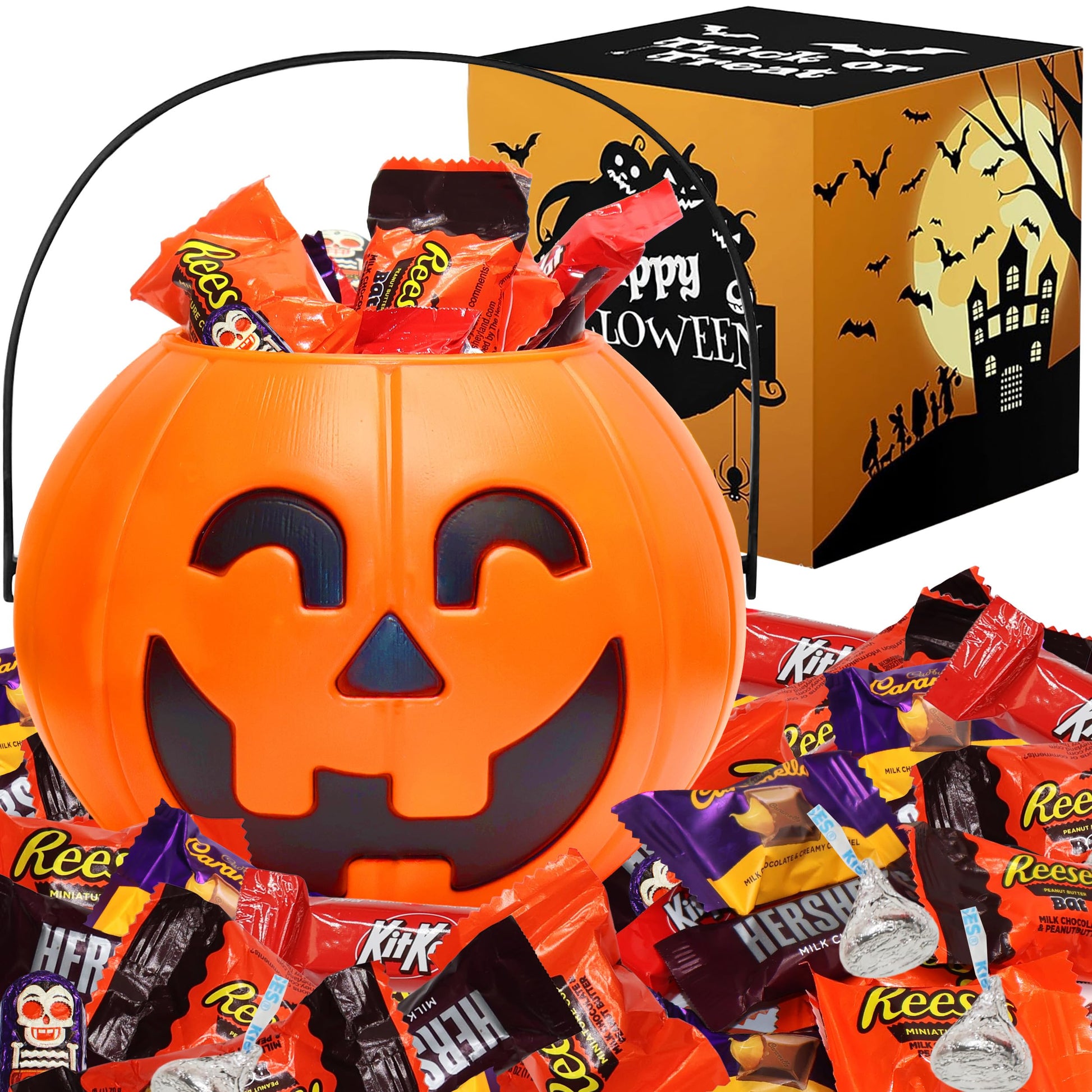 Halloween Candy Gift Basket - Trick Or Treat Pre-Filled Pumpkin Bucket Assorted Individually Wrapped Chocolate Candies Variety For Kids And Mature-Themeds - 20Oz Care Package Gift For College Students & Parties - Taboom