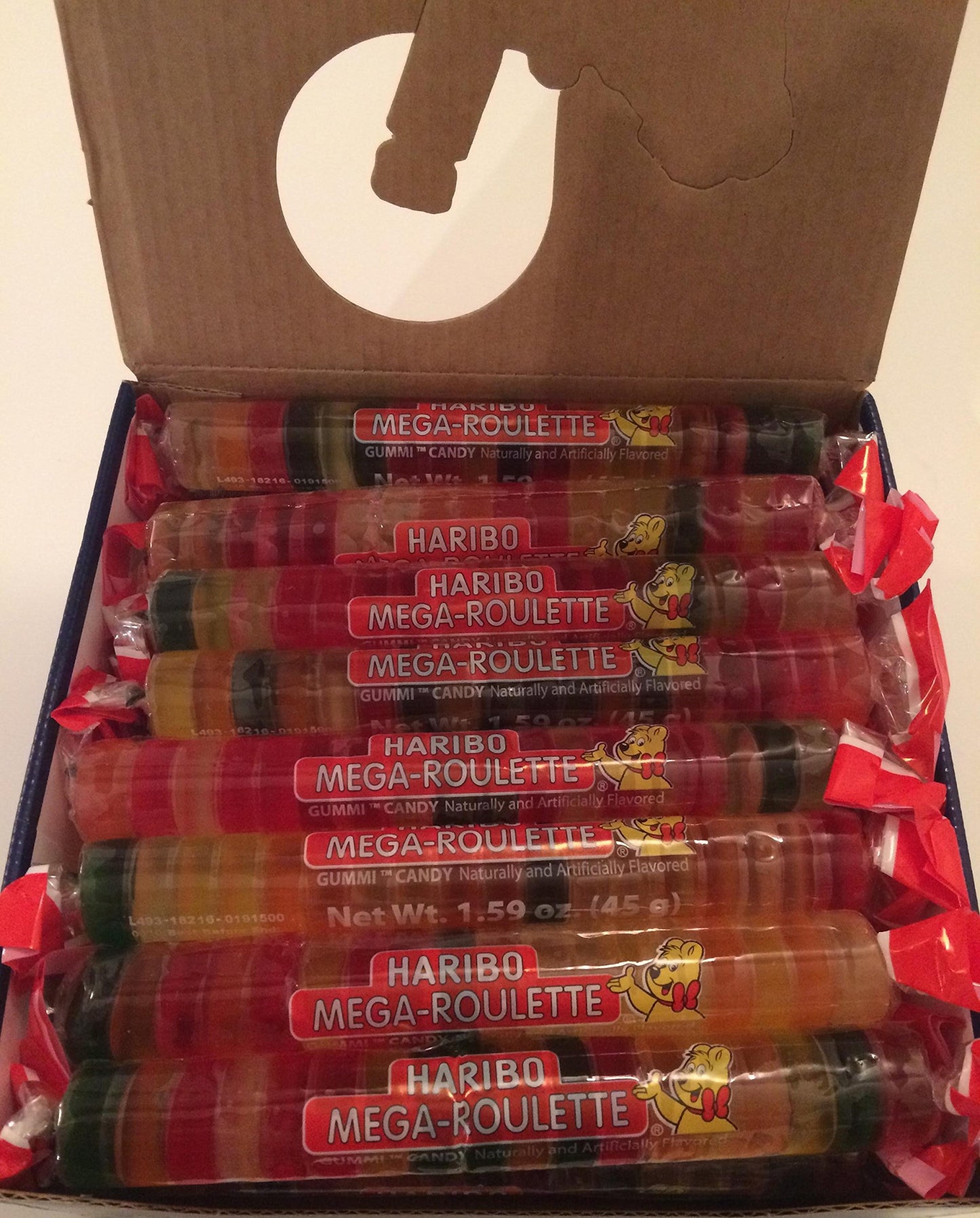 Haribo Gummy Candy Mega- card-style, Assorted Fruity Flavors, 1.59 Ounce Rolls, Pack of 24, Orange