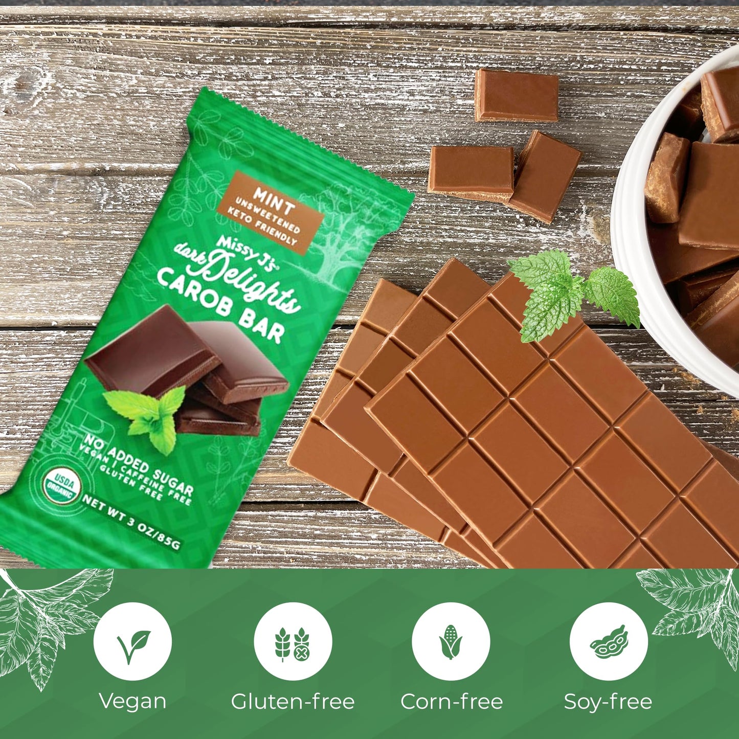 Missy Js Organic Carob Dark Delights Candy Bar, Unsweetened Mint, Keto, Vegan, Gluten-Free, 3 Oz, Pack of 6