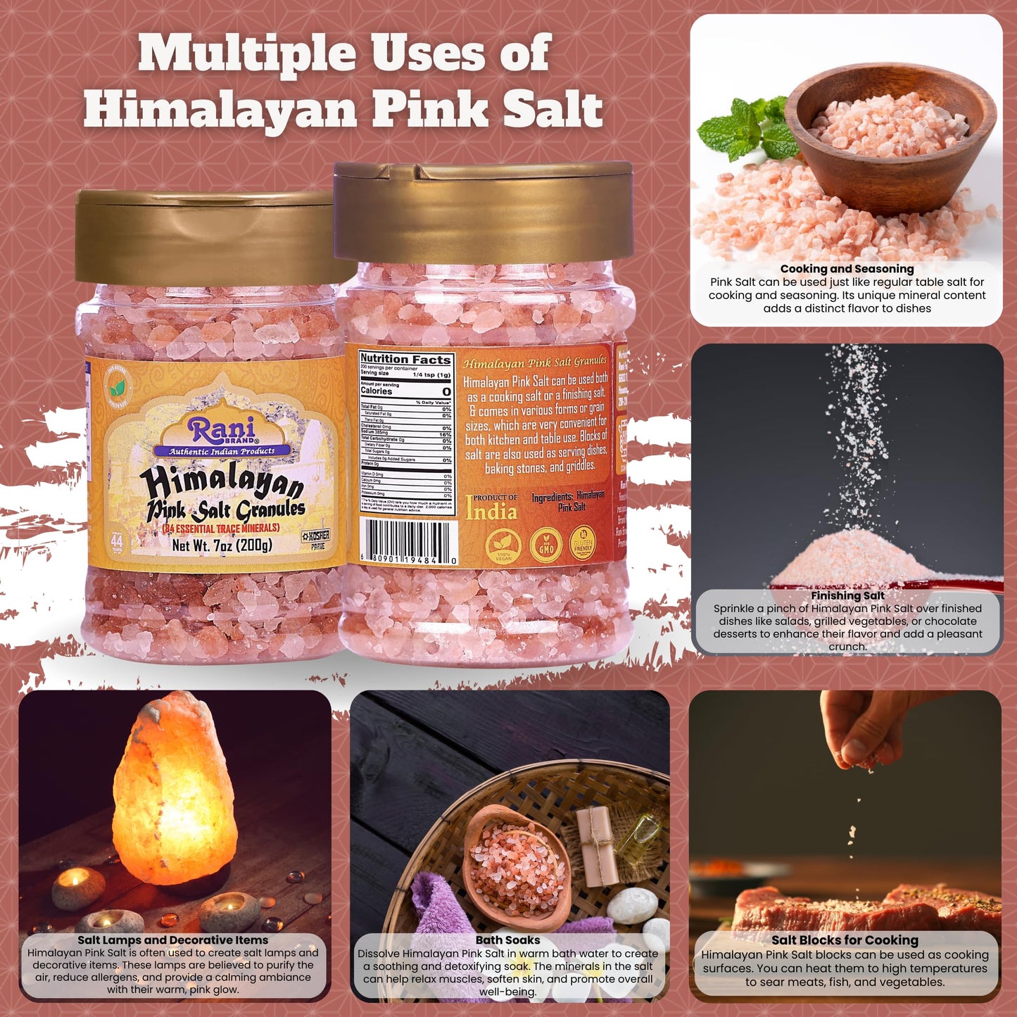 Rani Himalayan Pink Salt Granules (84 Essential Trace Minerals) 7oz (200g) PET Jar ~ All Natural | Vegan | Gluten Friendly | NON