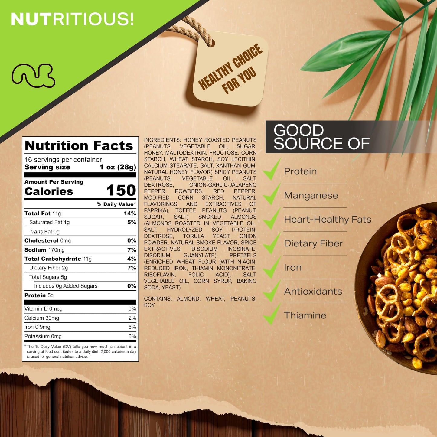 Nut Cravings Party Bar Nut Mix - Smoked Almonds, Toffee Peanuts, Honey Roasted, 16oz Resealable Bag