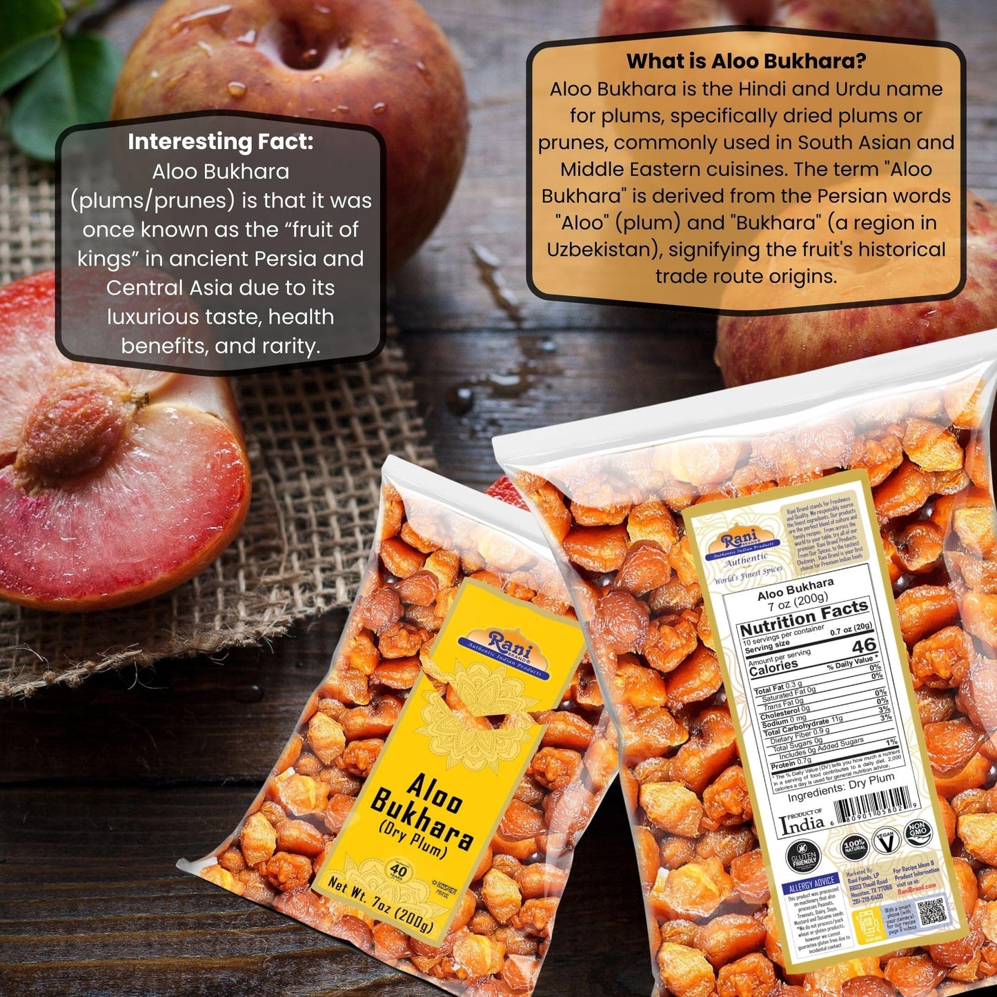 Rani Aloo Bukhara Dry Plum, All Natural, Salt Free, Vegan, Gluten Friendly, 7oz (200g)
