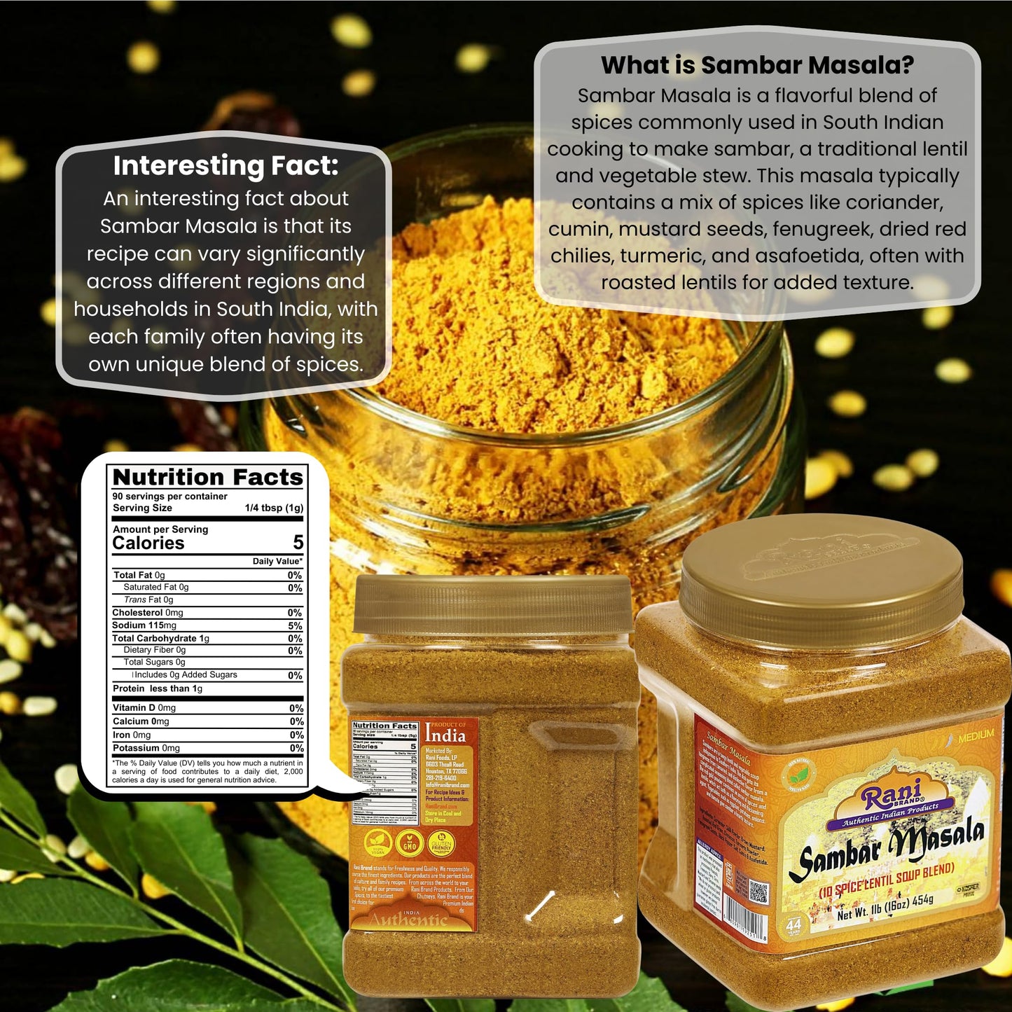 Rani Sambar Masala (Lentil Soup Spice Blend) 16Oz (1Lb) 454G Pet Jar ~ All Natural | Vegan | No Colors | Gluten Friendly | Non-G