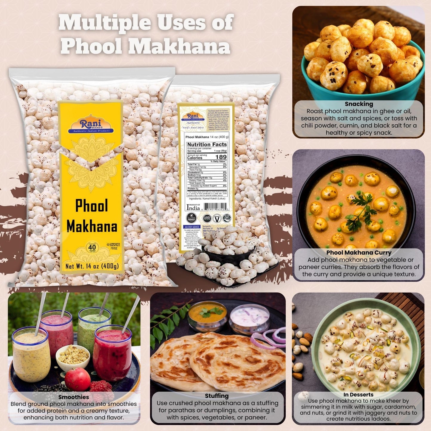 Rani Jumbo Phool Makhana (Fox Nut) Plain Raw 14oz (400g) | Vegan | Gluten Friendly | NON-GMO | Kosher | Indian Origin