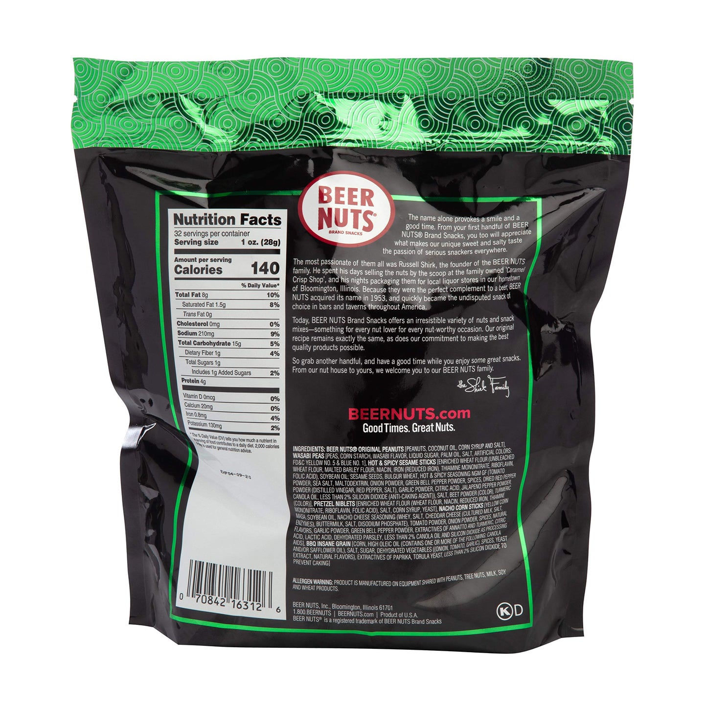 malt-inspired NUTS Bar Mix with Wasabi - Pretzels, Cheese Stix, Sesame Stix & Wasabi Peas - 32oz Resealable Bag