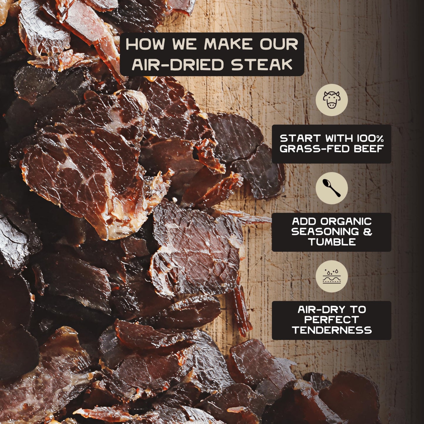 Lineage Provisions 100% Grass Fed Air-Dried Steak - Nutrient-Dense Carnivore Snacks - Tender Beef Jerky Bites - Keto-Friendly Steak Jerky - Zero Sugar  Zero Carbs - 64 grams of protein - 3-Pack