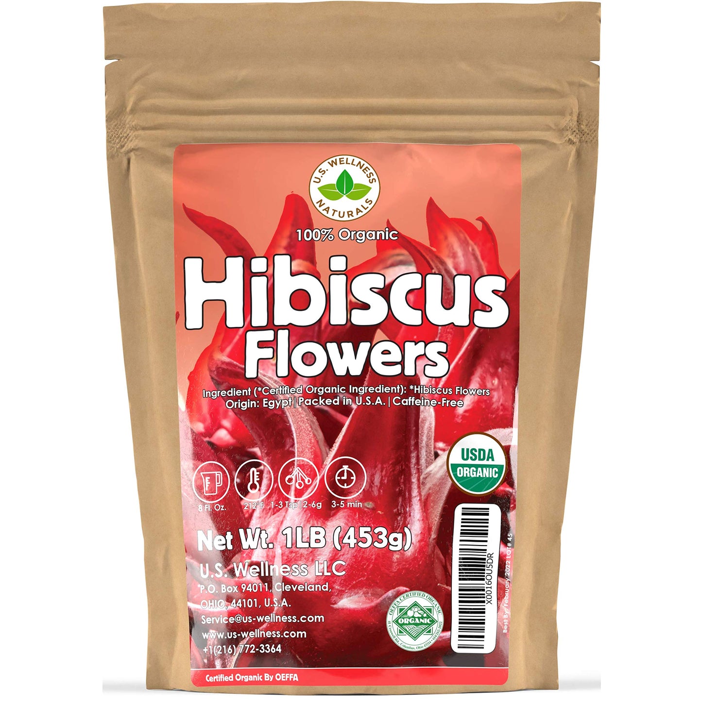 Hibiscus Tea 1LB (16Oz) 100% CERTIFIED Organic Hibiscus Flowers Herbal Tea (WHOLE PETALS)  Caffeine Free in 1 lbs. Bulk Resealable Kraft BPA free Bags from U.S. Wellness
