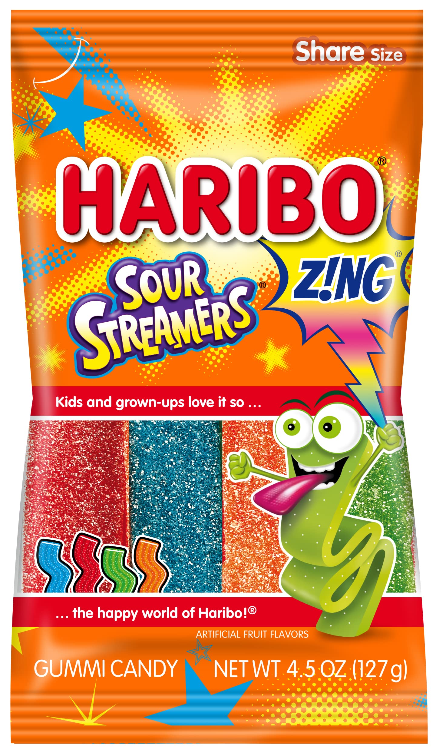 Haribo Gummi Candy, Z!Ng Sour Streamers, 4.5 Oz. Bag (Pack Of 12)