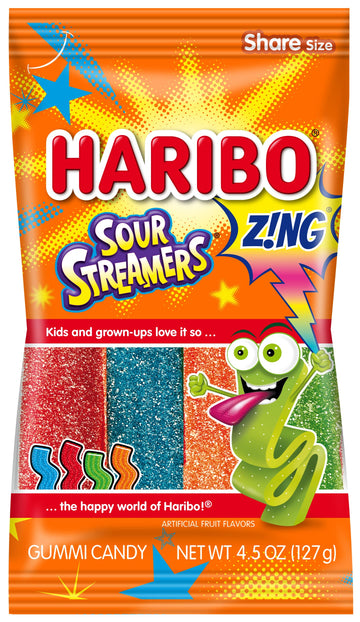 Haribo Gummi Candy, Z!Ng Sour Streamers, 4.5 Oz. Bag (Pack Of 12)