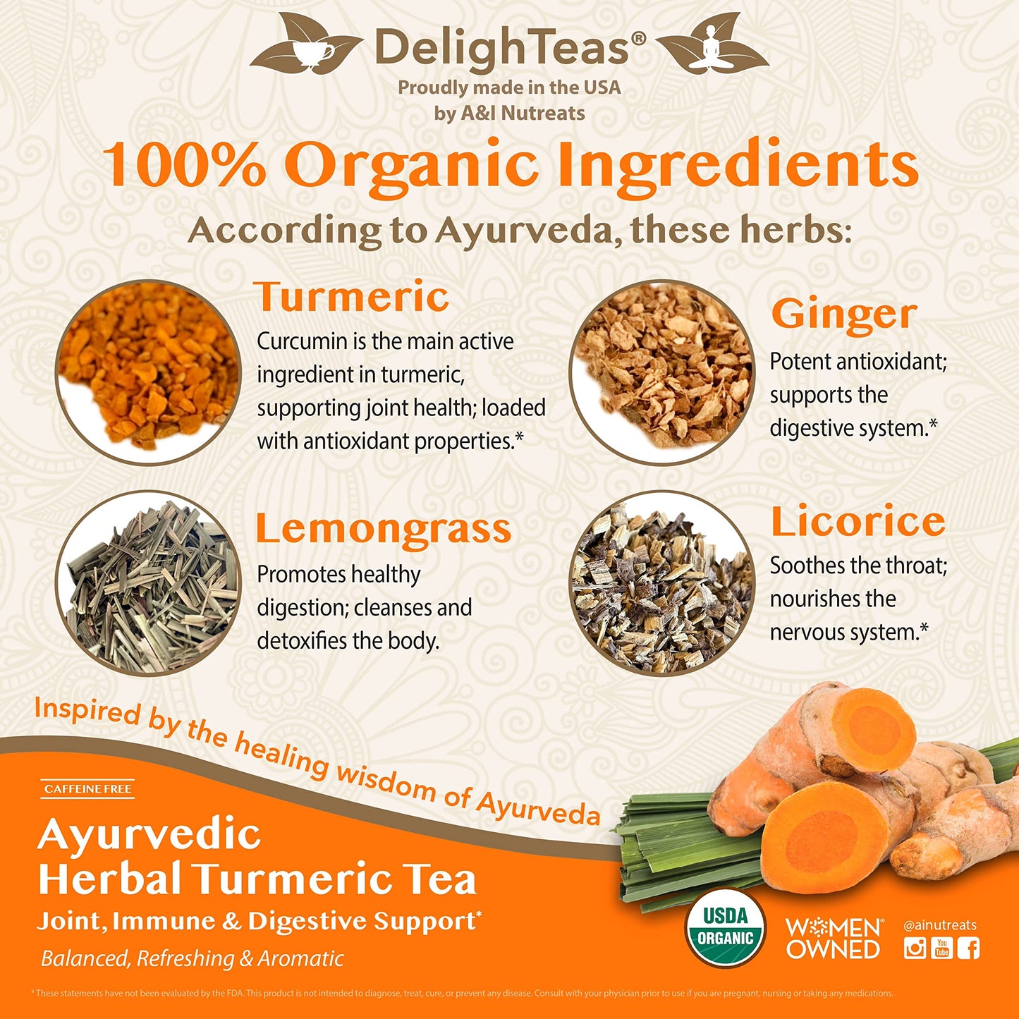 DelighTeas Organic Turmeric Ginger Tea, Herbal Loose Leaf, Non-GMO, Caffeine Free, 6oz, 75 Servings