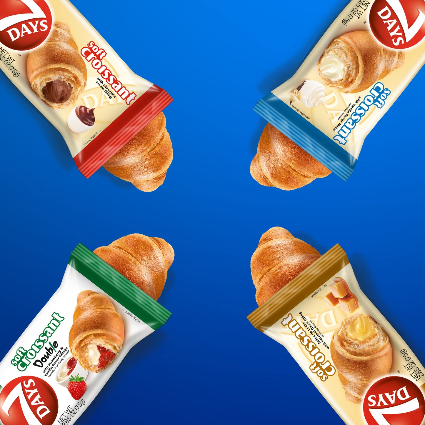 7Days Soft Croissant Variety Pack (24 Count), 6 Chocolate, 6 Vanilla, 6 Strawberry Vanilla, 6 Caramel, Breakfast Pastry, Individually Wrapped On The Go Snack (Pack Of 24)