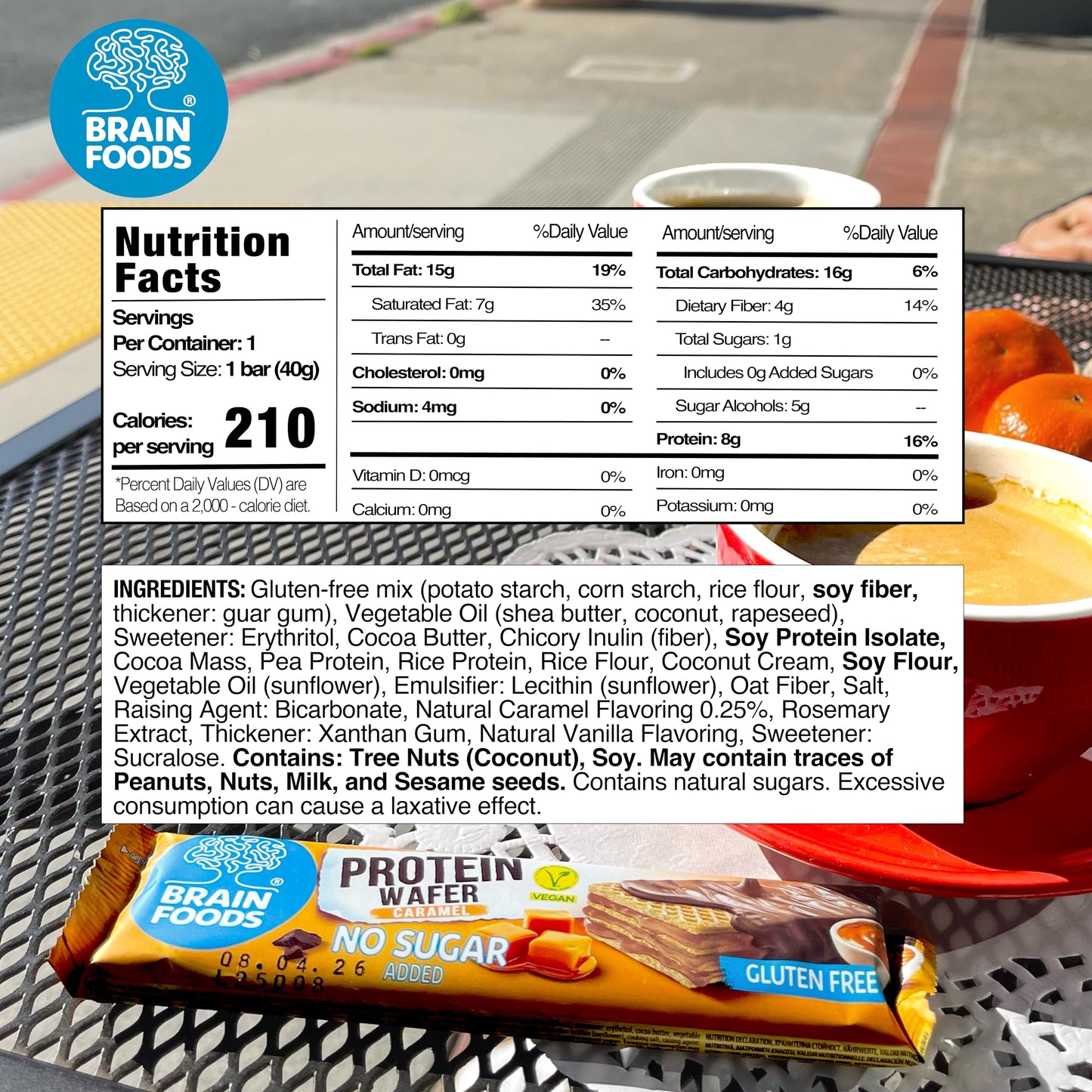 Brain Foods Gluten Free Vegan Caramel Protein Wafers - 12 Bars, 8g Protein, No Sugar Added, 1.4 oz, Natural Caramel Flavor