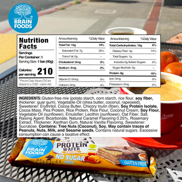 Brain Foods Gluten Free Vegan Caramel Protein Wafers - 12 Bars, 8g Protein, No Sugar Added, 1.4 oz, Natural Caramel Flavor