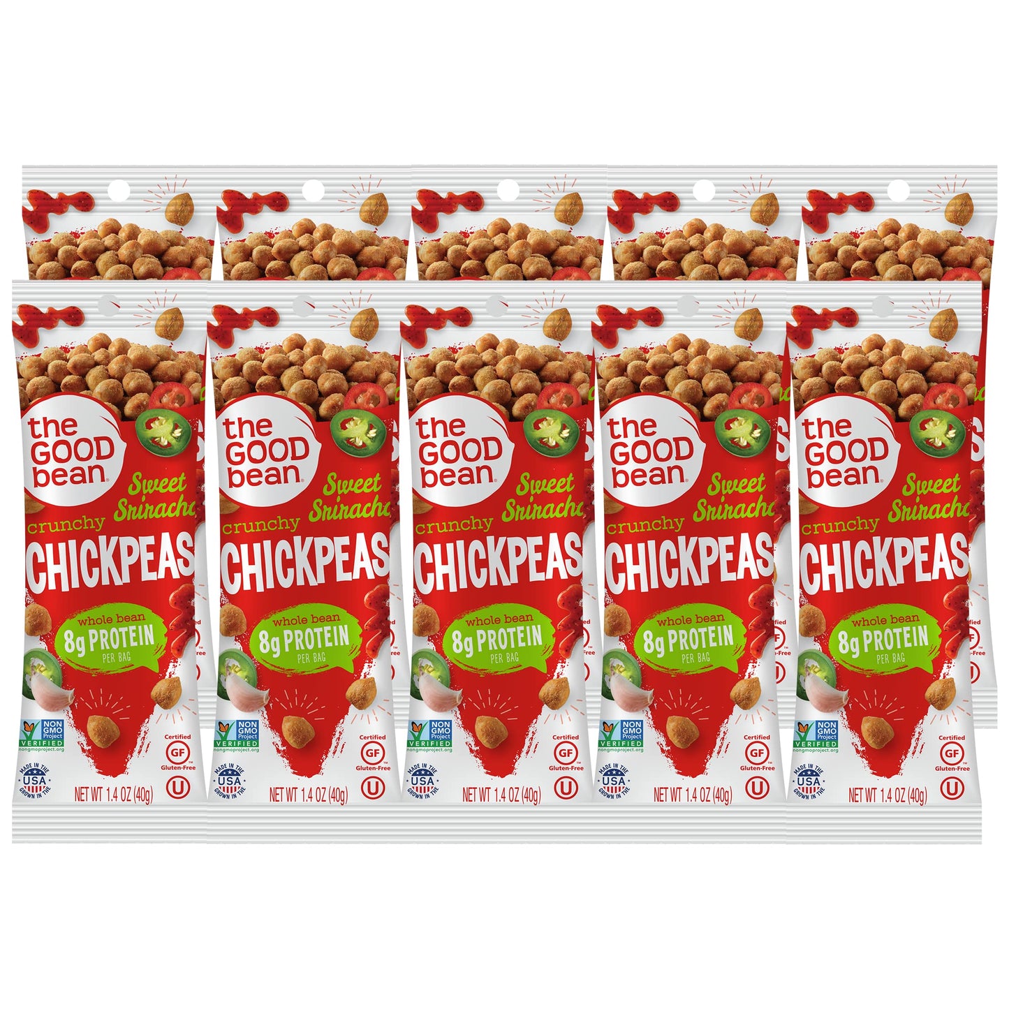 The Good Bean Crunchy Chickpeas - Sweet Sriracha - (10 Pack) 1.4 Oz Packet - Roasted Chickpea Beans - Vegan Snack With Good Sour