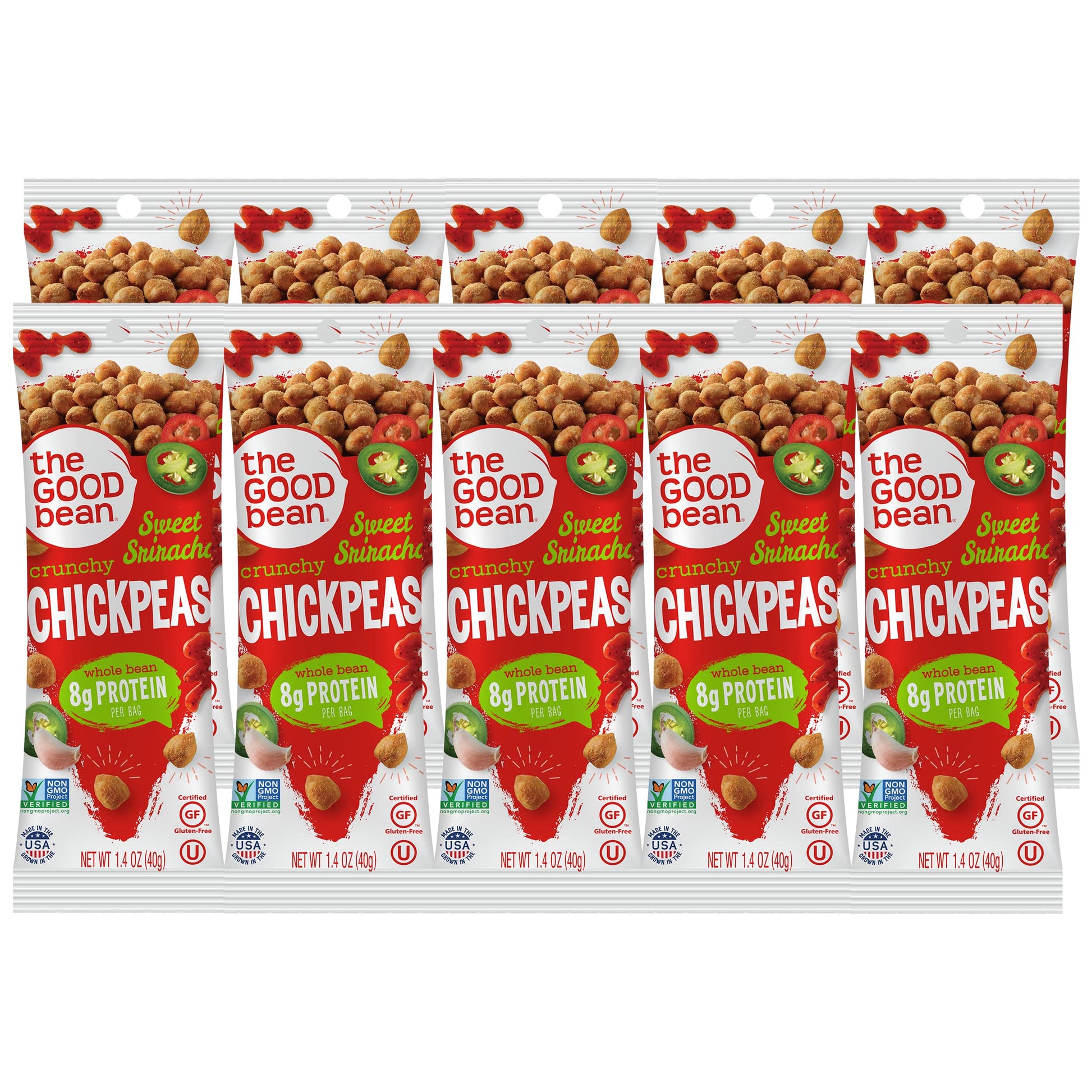 The Good Bean Crunchy Chickpeas - Sweet Sriracha - (10 Pack) 1.4 Oz Packet - Roasted Chickpea Beans - Vegan Snack With Good Sour