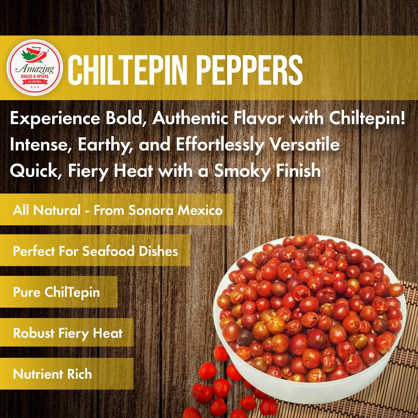 Dried Chiltepin Peppers (Chile Tepin) - 1Oz Bag - Great For Use With Seafood, Sauces, Stews, Salsa, Meats. Very Hot With A Smoky