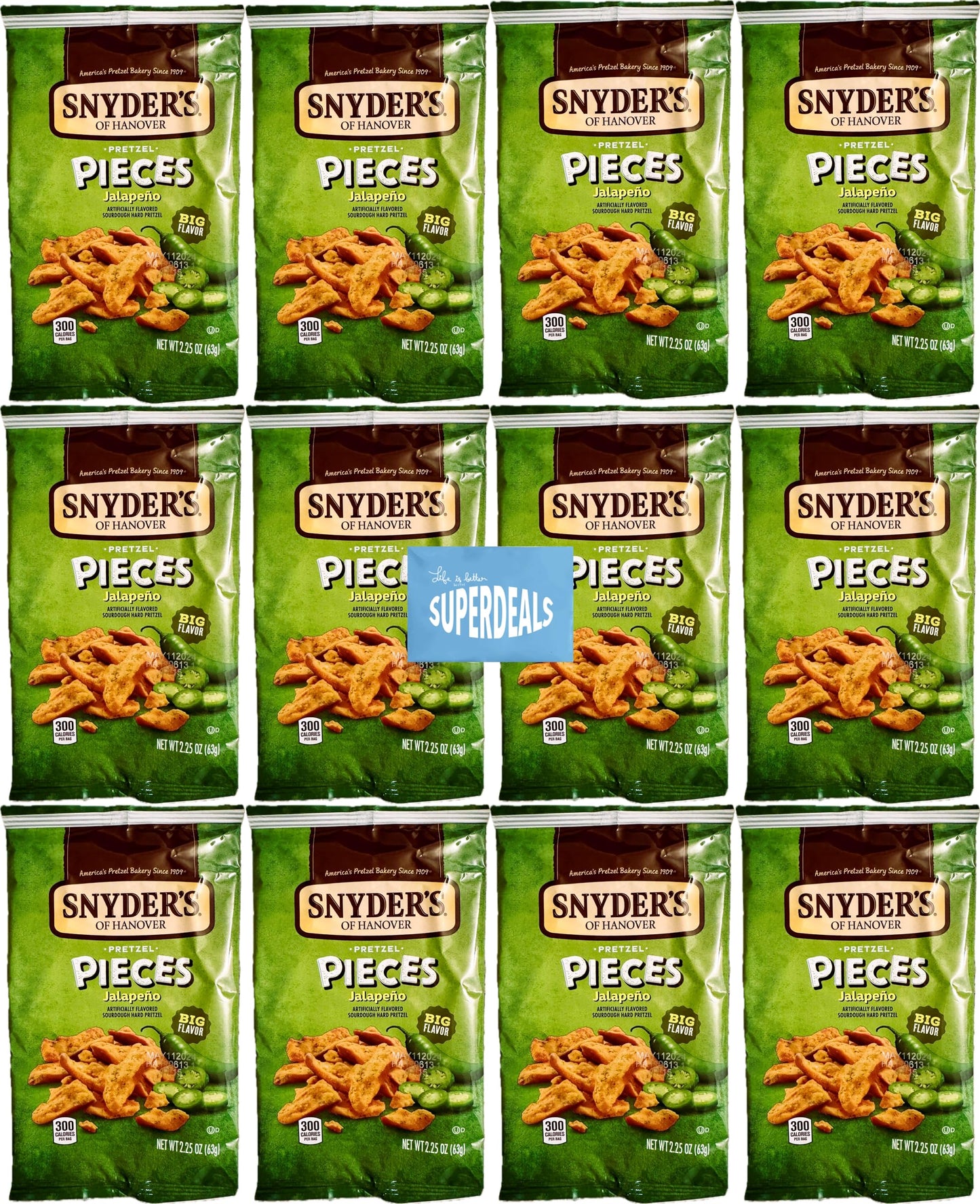 SUPERDEALS Snyders of Hanover Jalapeno Pretzel Pieces, 2.25 oz Pack of 12 with Mystery Gift