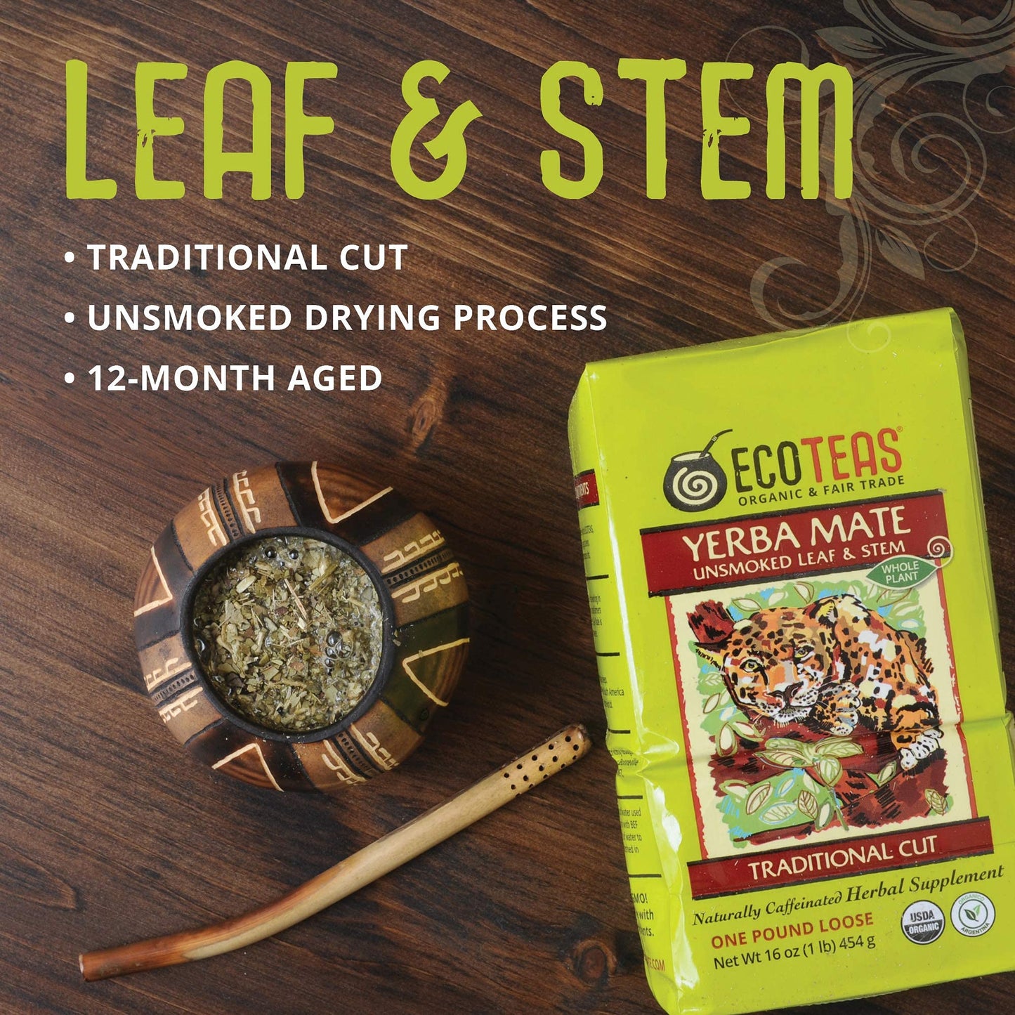 ECOTEAS Organic Yerba Mate Loose Leaf Tea - Unsmoked Detox Herbal Tea - 1 lb - Kosher, Non-GMO, Gluten-Free