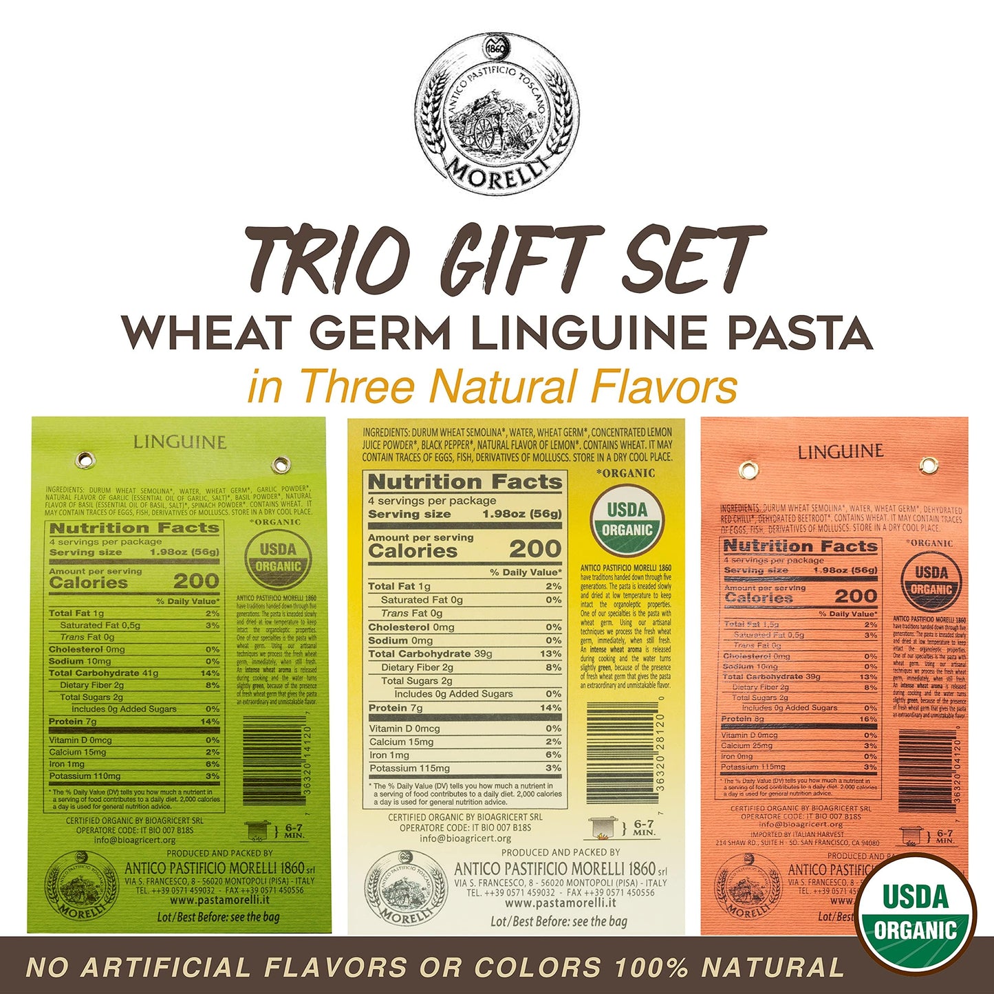 Morelli Organic Gourmet Pasta Italian Gift Basket From Italy - Tricolor Pasta Linguine Set - Red Chili, Garlic & Basil, and Lemo