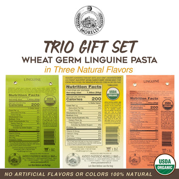 Morelli Organic Gourmet Pasta Italian Gift Basket From Italy - Tricolor Pasta Linguine Set - Red Chili, Garlic & Basil, and Lemo