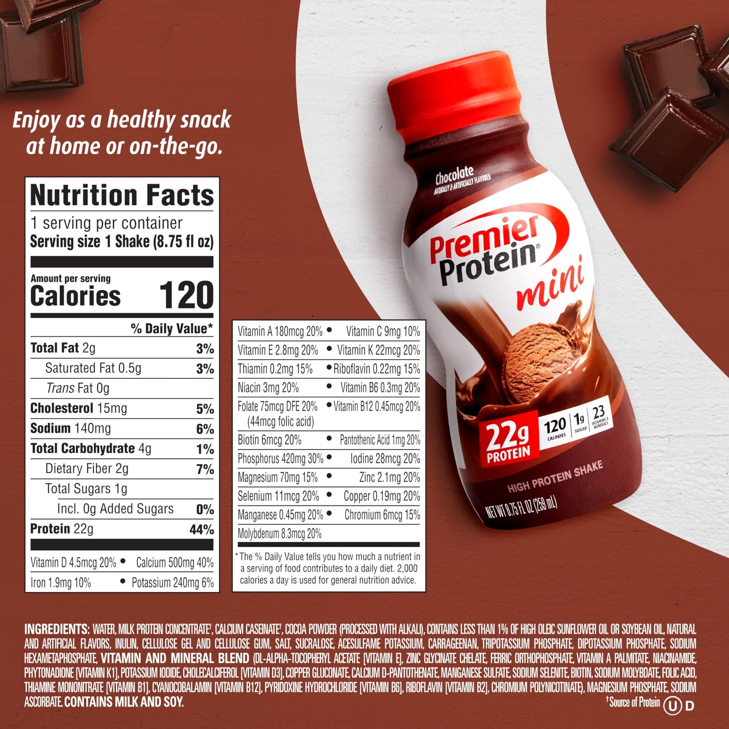 Premier Protein Shake MINIs, Chocolate, 22g Protein, 120 Calories, No Added Sugar, 8.75 fl oz, 12 Pack (Packaging May Vary)
