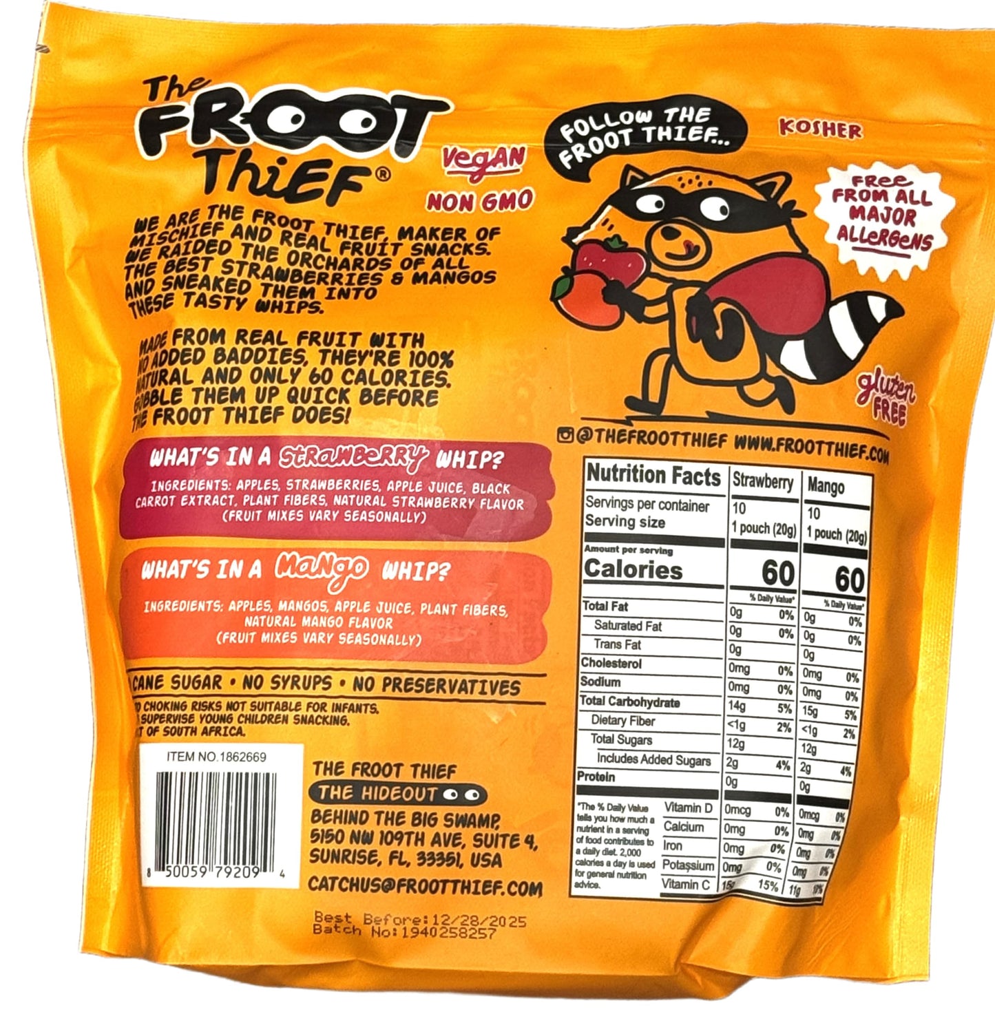Foot Thief Real Fruit Whips Vegan Big Variety Pack Gluten Free 10 Bags Of Strawberry 10 Bags Of Mango No Preservatives (Total 20
