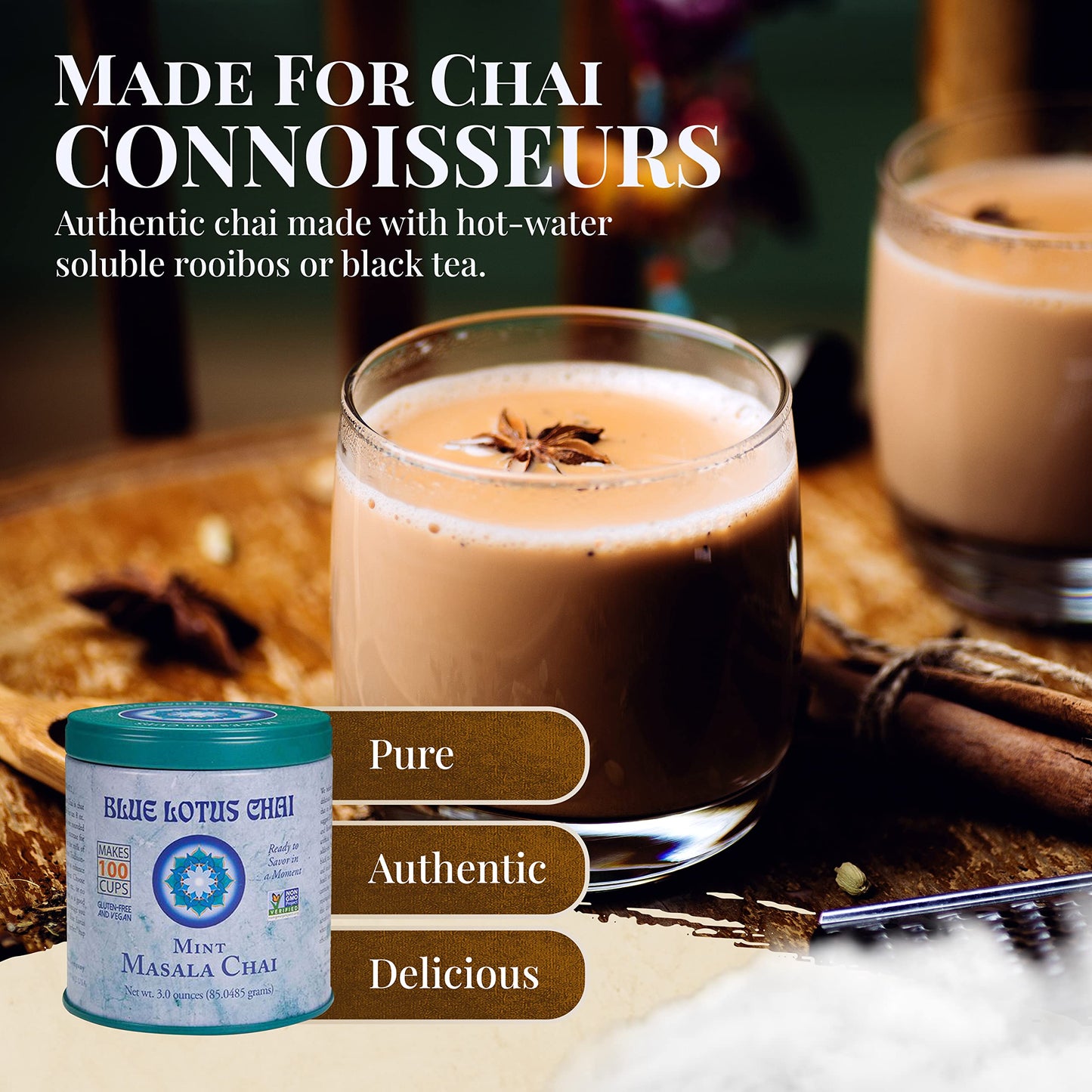 Blue Lotus Chai - Mint Flavor Masala Chai - Makes 100 Cups - 3 Ounce Masala Spiced Chai Powder With Organic Spices - Instant Ind