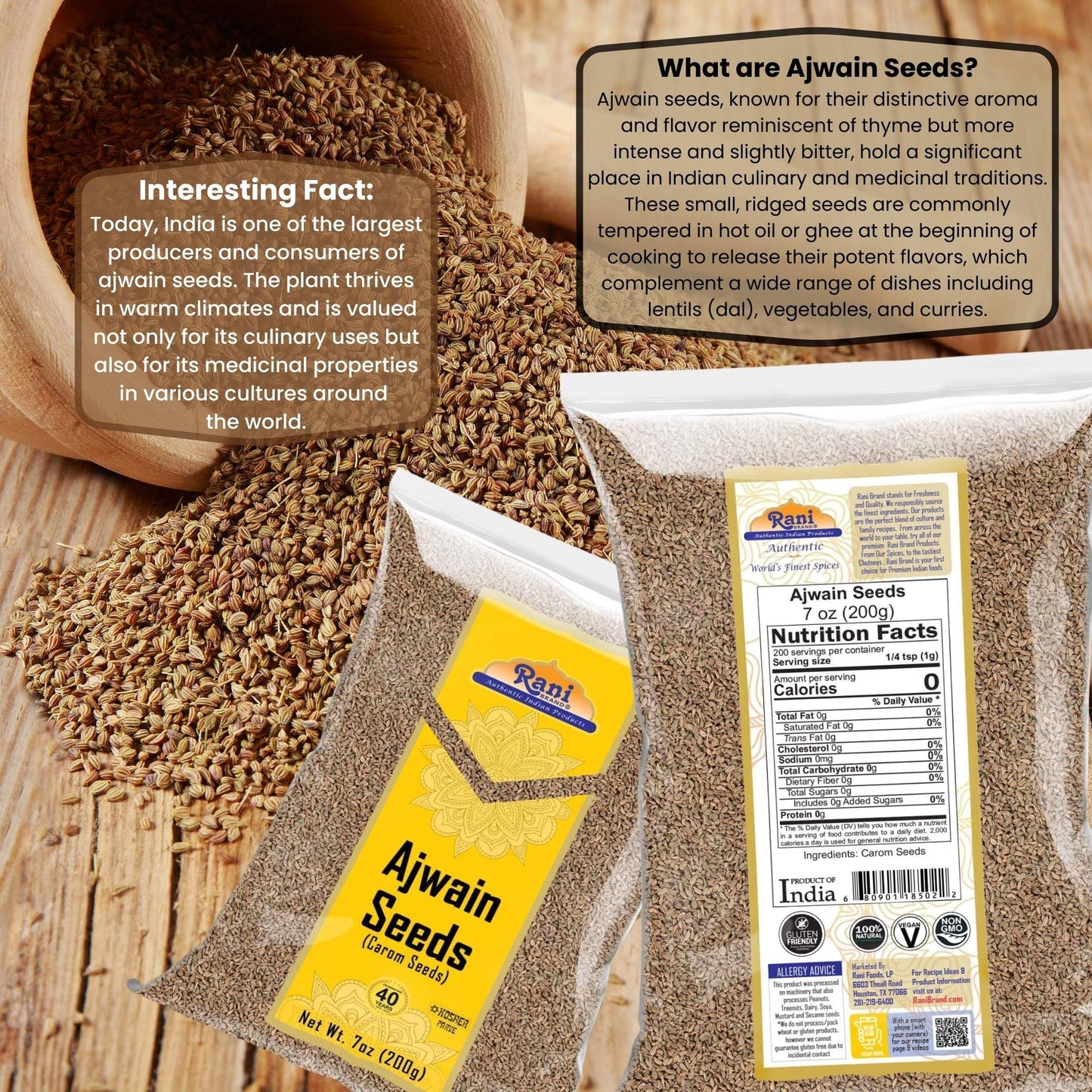 Rani Ajwain Seeds (Carom) Spice Whole, 7oz (200g), All Natural, Vegan, Gluten Friendly, NON-GMO, Indian Origin