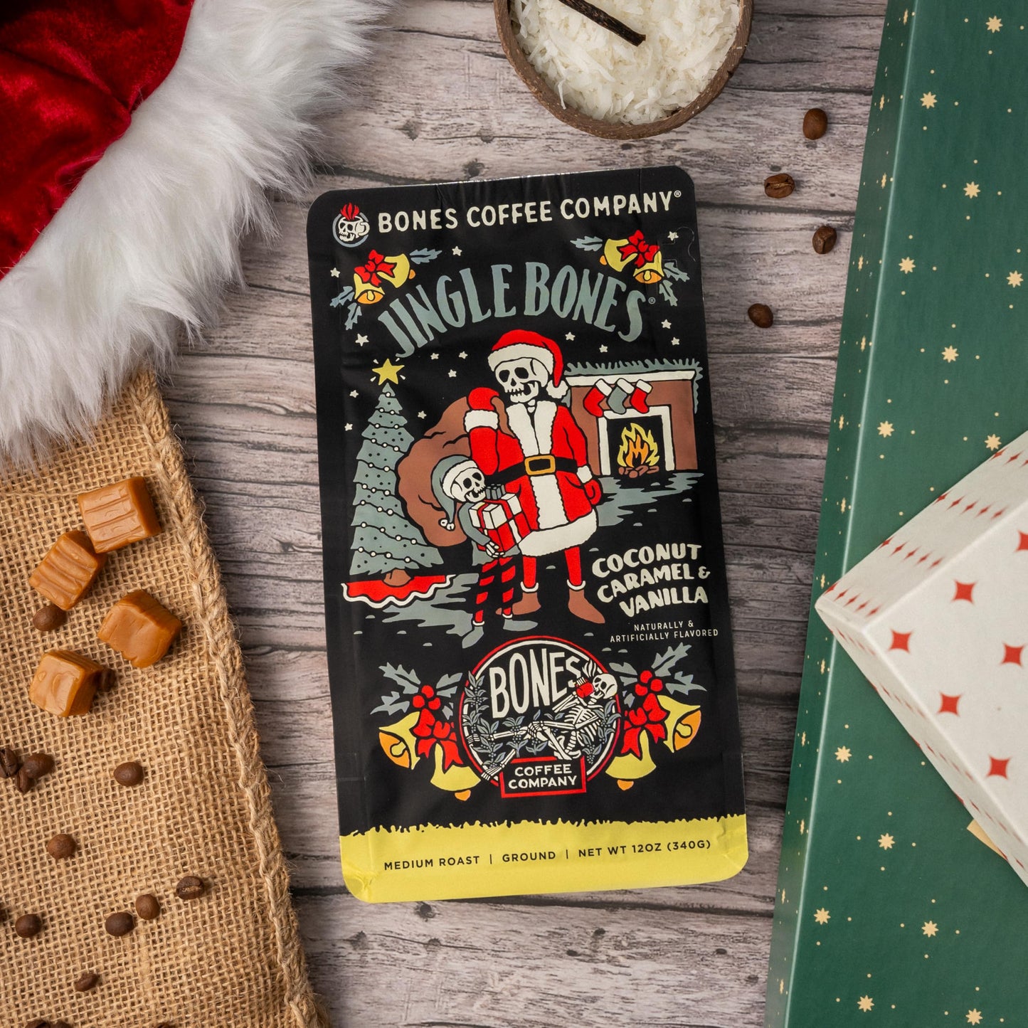 Bones Coffee Company Jingle Bones, Caramel Vanilla Coconut Flavored Coffee, Medium Roast Low Acid Arabica Beans Compatible with