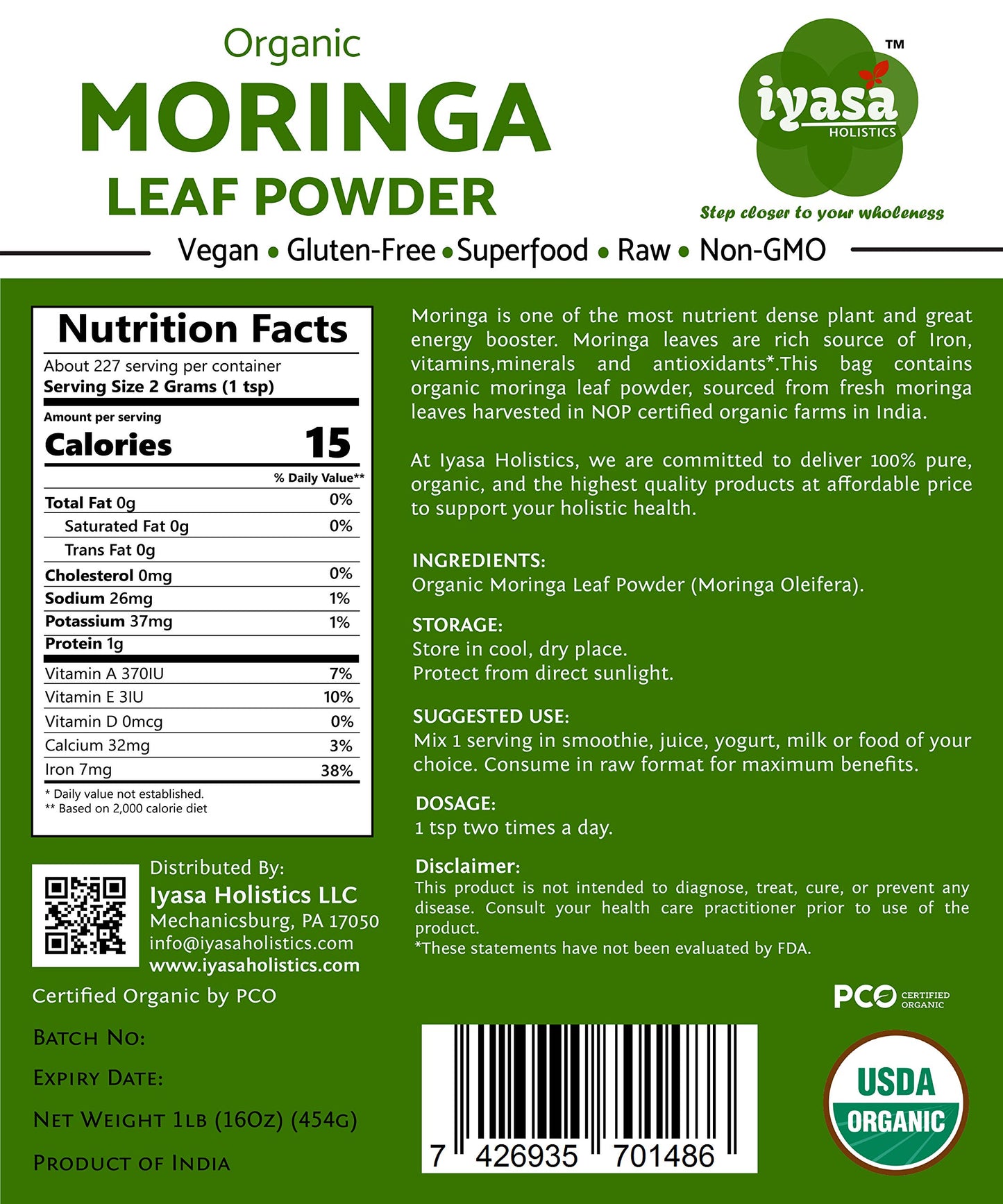 Iyasa Holistics Organic Moringa Leaf Powder, Energy Booster, 4 oz, Green, Model IYASAMORINGAO04