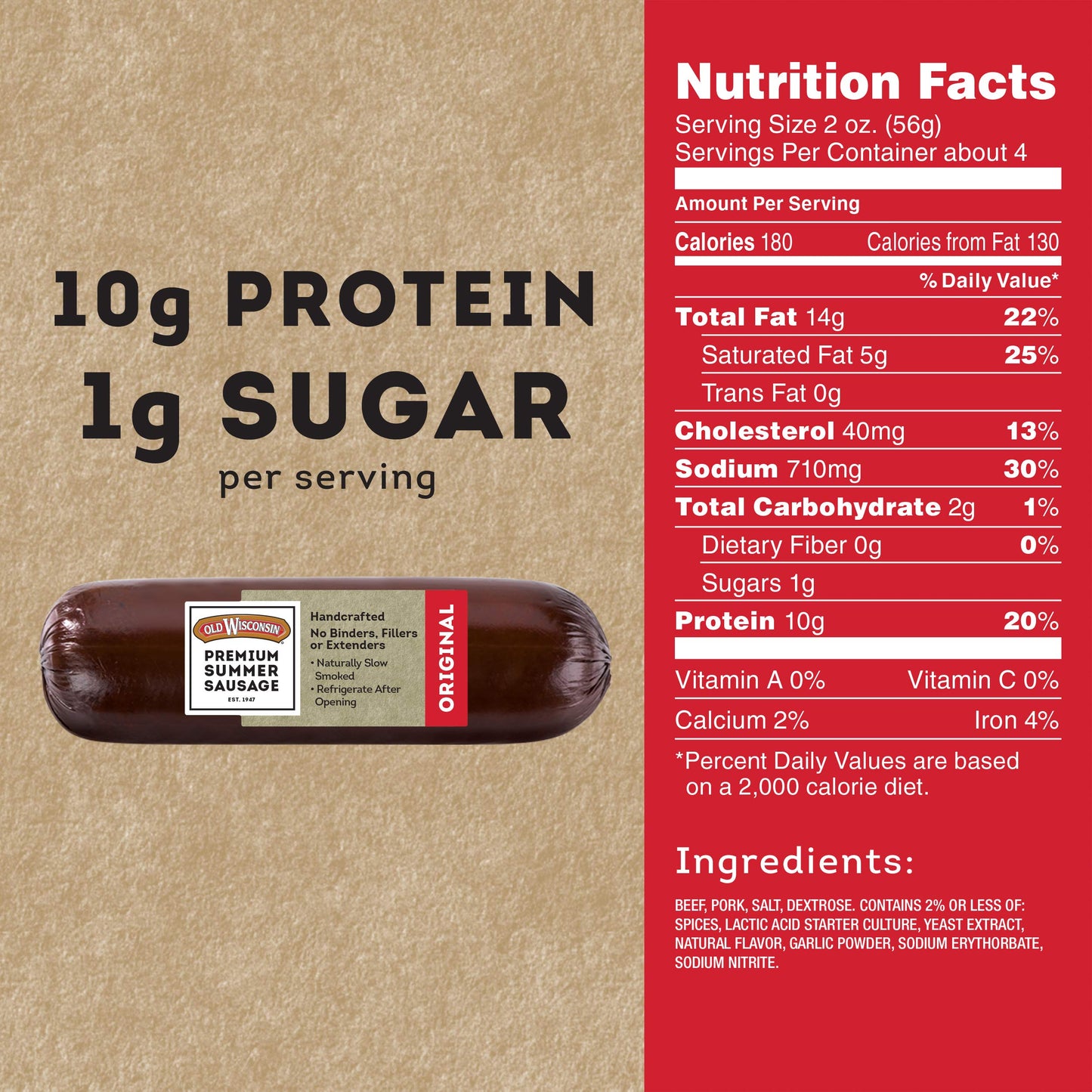 Old Wisconsin Summer Sausage, 100% Natural Meat, High Protein, Low Carb, Gluten Free, 8 Ounce