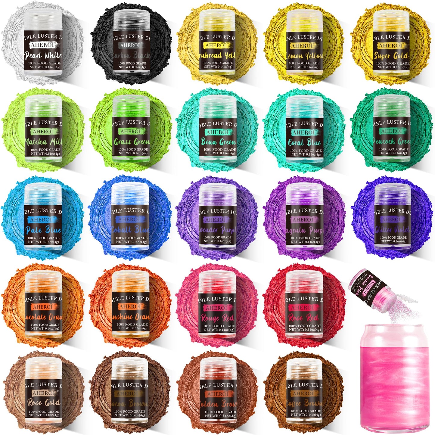 Aheroi Edible Glitter Set, 24 Colors Luster Dust Sprinkles, 4g Each, Multicolor