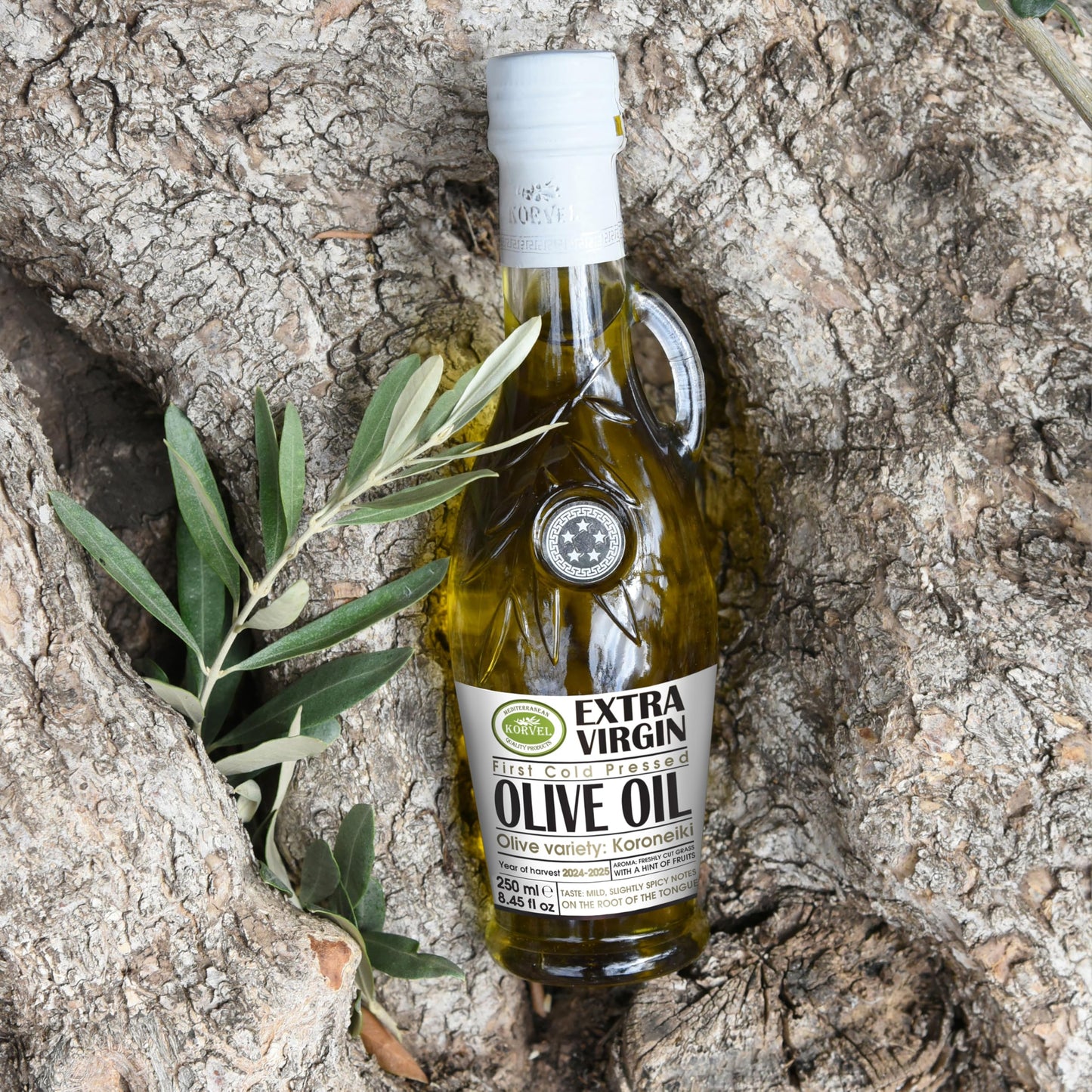 KORVEL Extra Virgin Olive Oil, Glass Bottle, Amphora, 250 ml, 8.45 fl oz