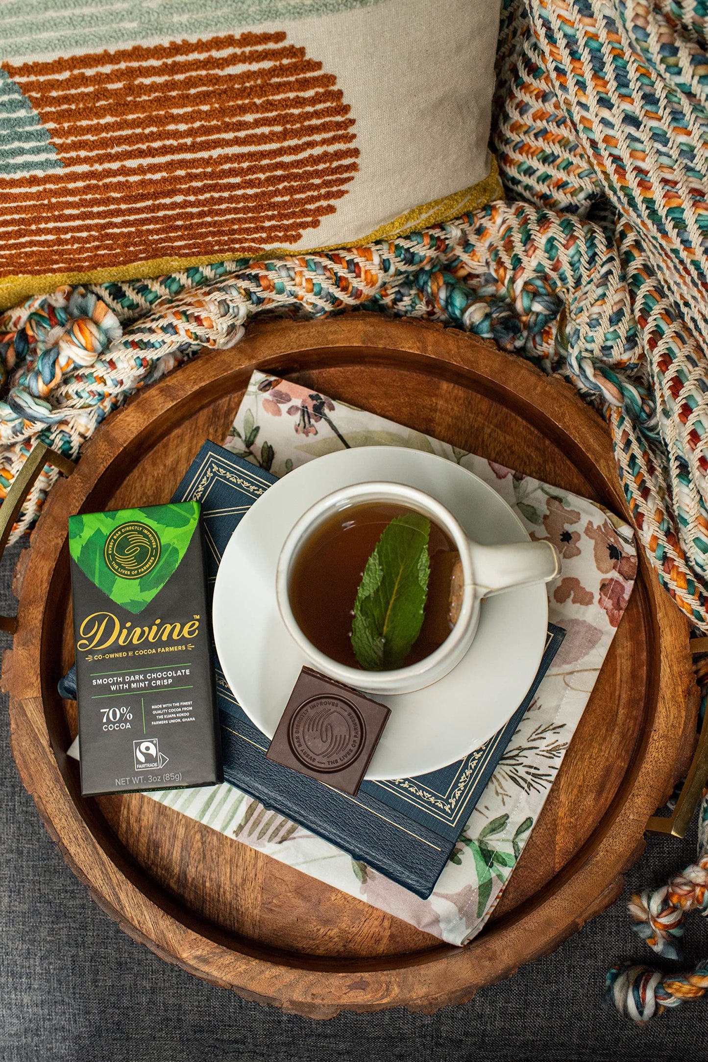 Divine Chocolate Bars - 70% Dark Chocolate With Mint Crisp - Made With Fairtrade Cocoa, Natural Ingredients, No Artificial Flavors | 3Oz. Bars (12 Pack)