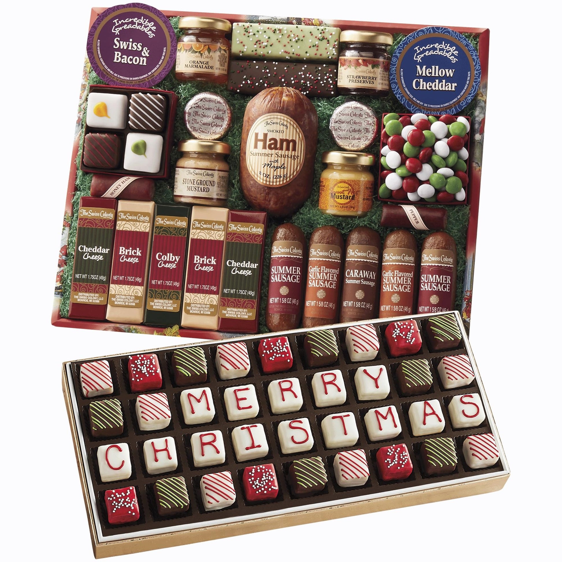 The Swiss Colony 25 Holiday Favorites - Assorted Sausage Meats  Cheese Blocks  And Spreadables  Chocolates Sweet And Savory Variety Treats  With Merry Christmas Petits Fours - Gourmet Mini Layer Cakes