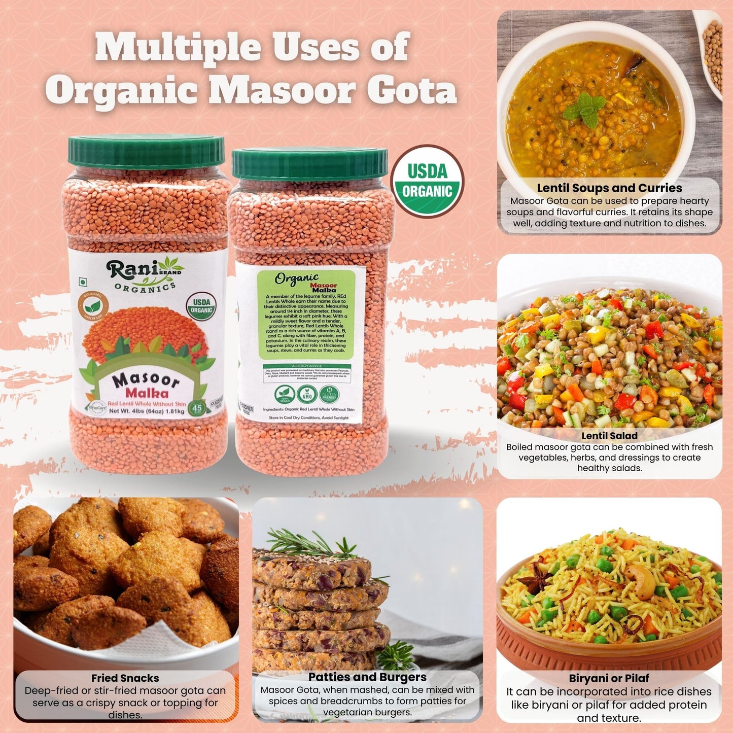 Rani Organic Masoor Gota (Football) Indian Red Lentils Skinless 64Oz (4Lbs) 1.81Kg Bulk ~ All Natural | Gluten Friendly | Non-Gm