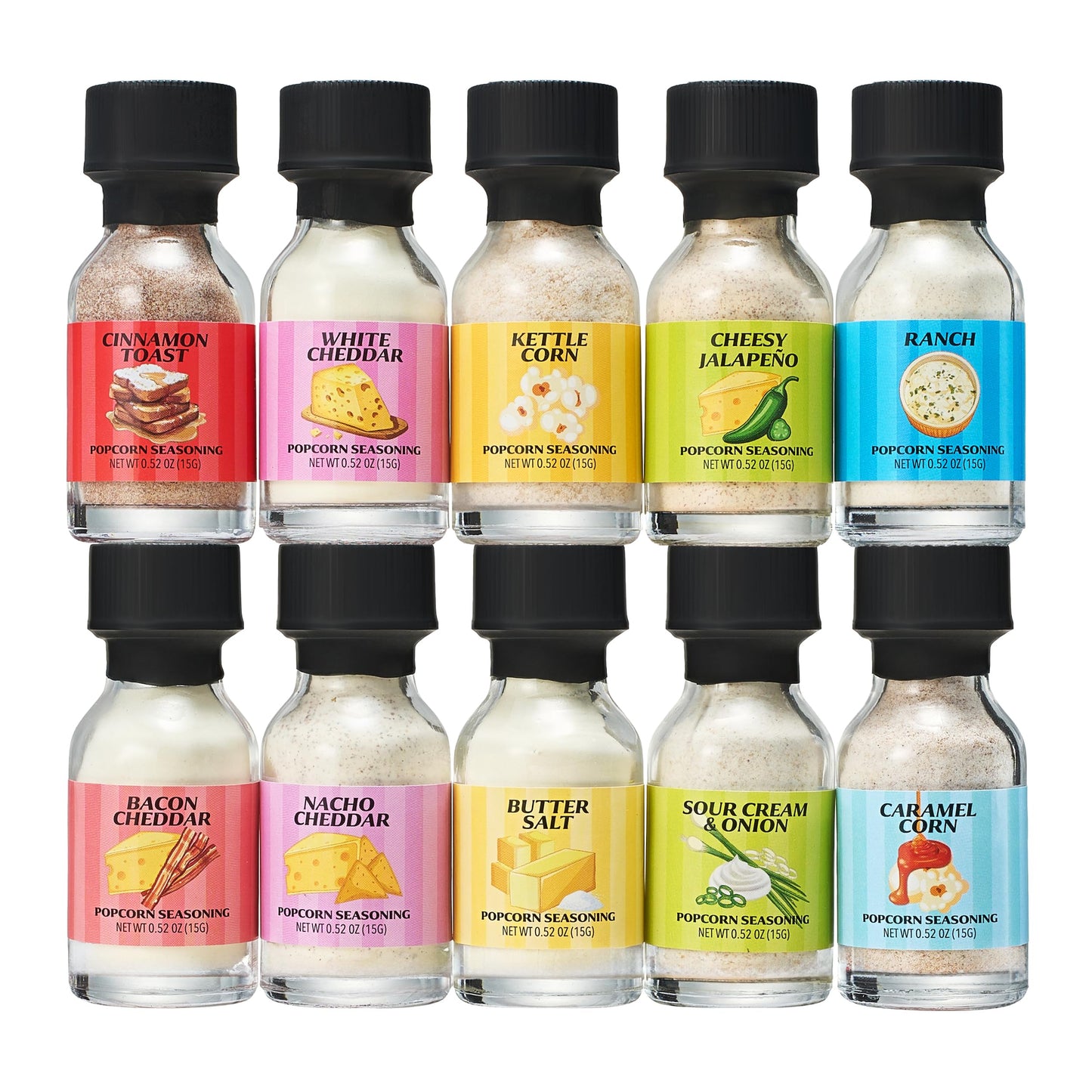 Kiri & Sons Gourmet Popcorn Seasoning Sampler Kit, 10 Flavor Variety Pack - Including Kettle Corn, Garlic Parmesan, Bacon Chedda