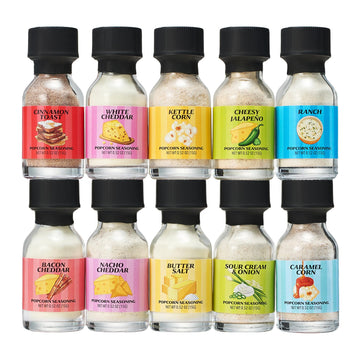 Kiri & Sons Gourmet Popcorn Seasoning Sampler Kit, 10 Flavor Variety Pack - Including Kettle Corn, Garlic Parmesan, Bacon Chedda