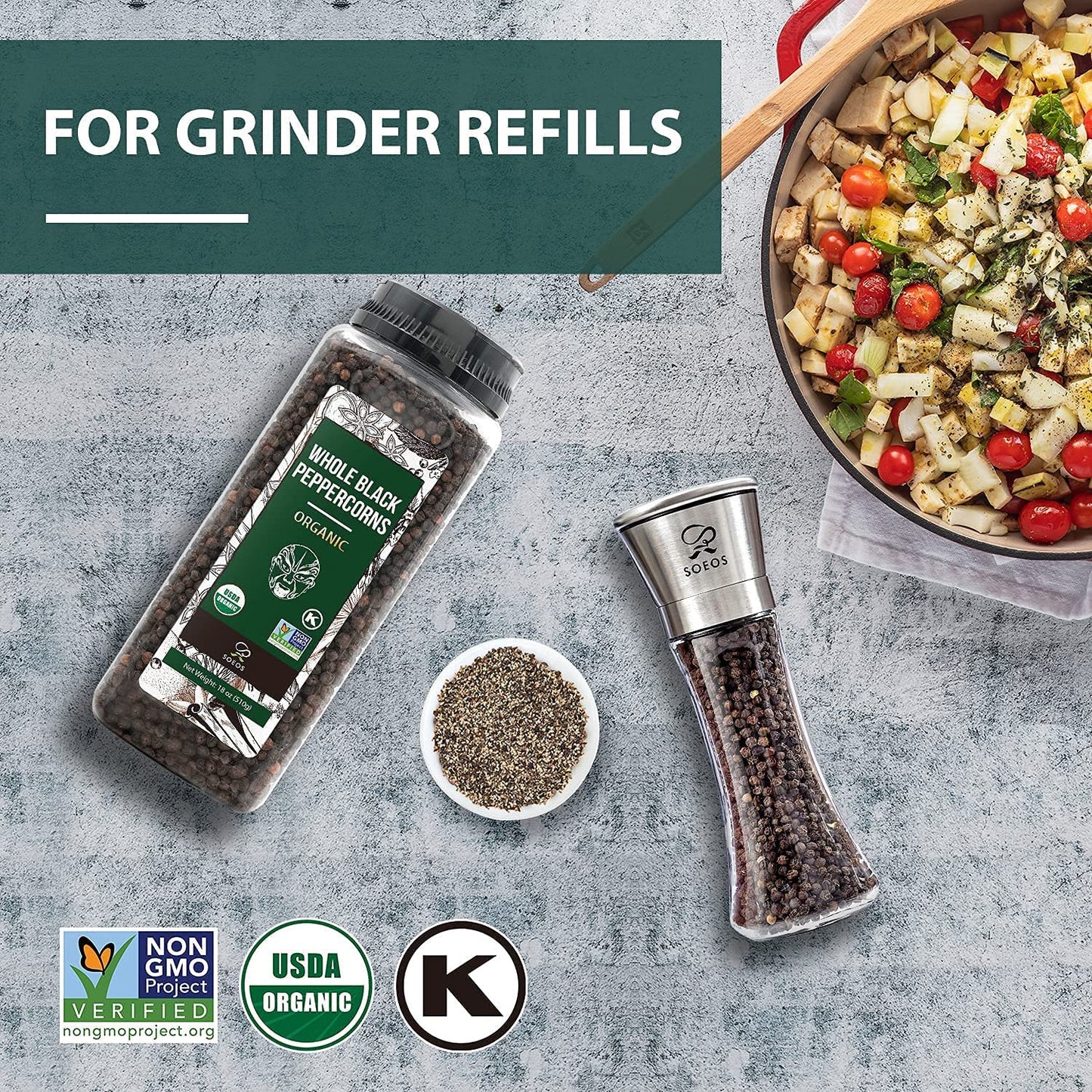 Soeos Organic Black Peppercorns, 18oz (Pack of 1), Non-GMO, Kosher, Packed to Keep Peppers Fresh, Peppercorn for Grinder Refill,