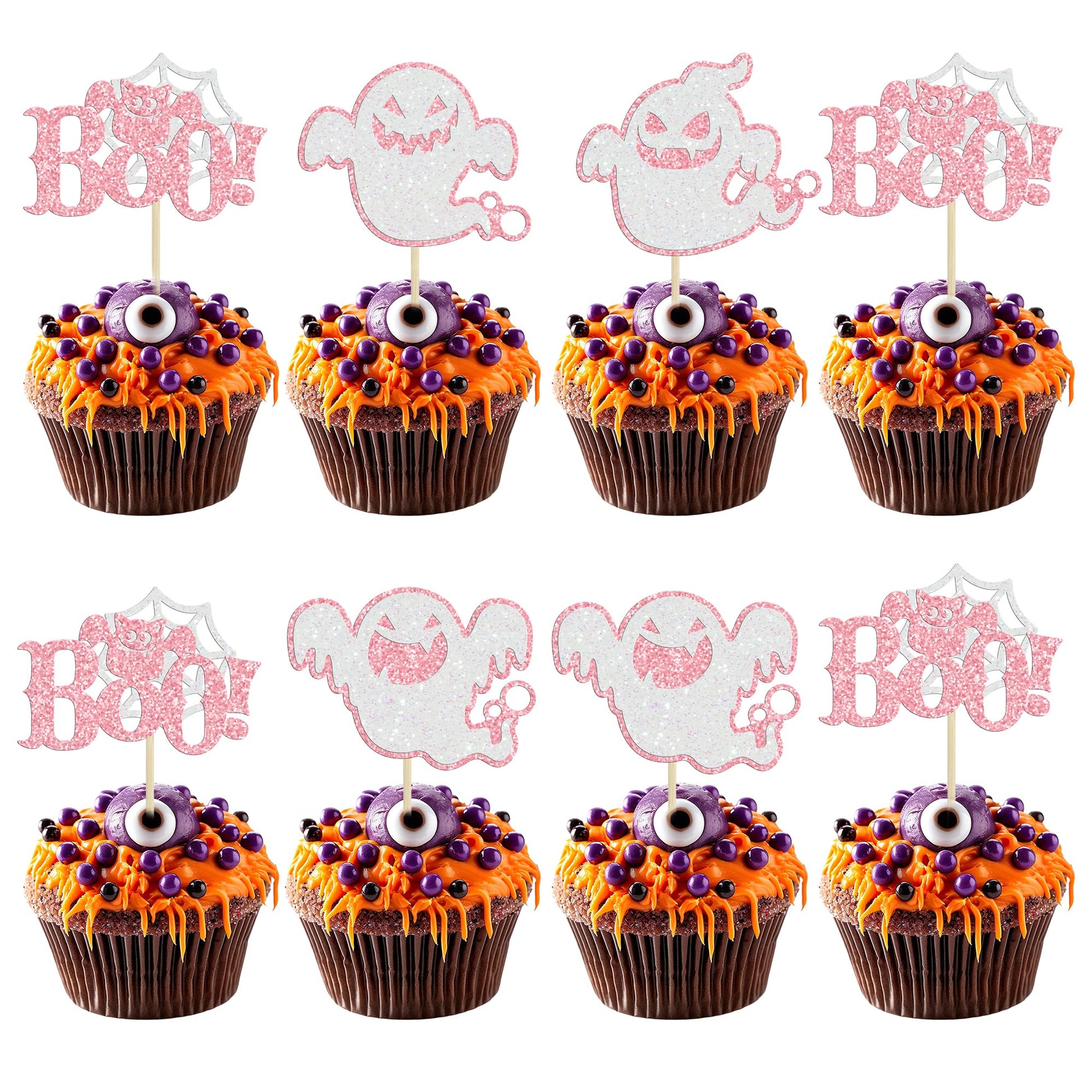 24Pcs Halloween Ghost Cupcake Toppers Pink Glitter Halloween Boo Cake Decorations Halloween Baby Shower Cake Picks For Halloween